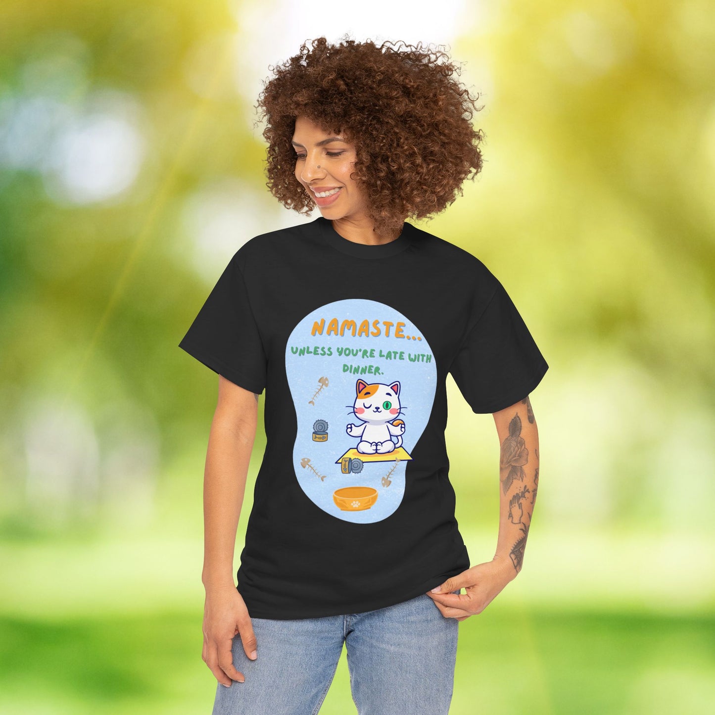 Namaste Cat Unisex Heavy Cotton Tee, Yoga Shirt, Funny Tee, Gift for Cat Lovers, Relaxed Fit T-Shirt