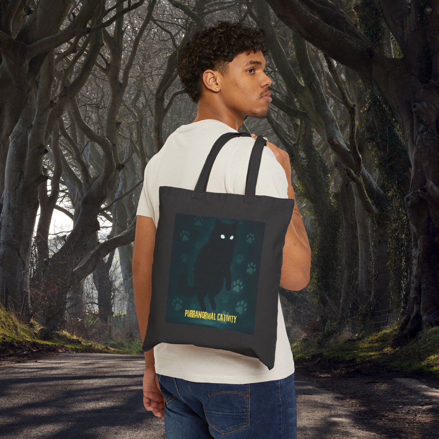Purranormal Cativity Halloween Cat Cotton Canvas Tote Bag, Spooky Tote, Ghostly Shopping Bag, Eco-Friendly Trick-or-Treat Bag, Paranormal Cativity Bag