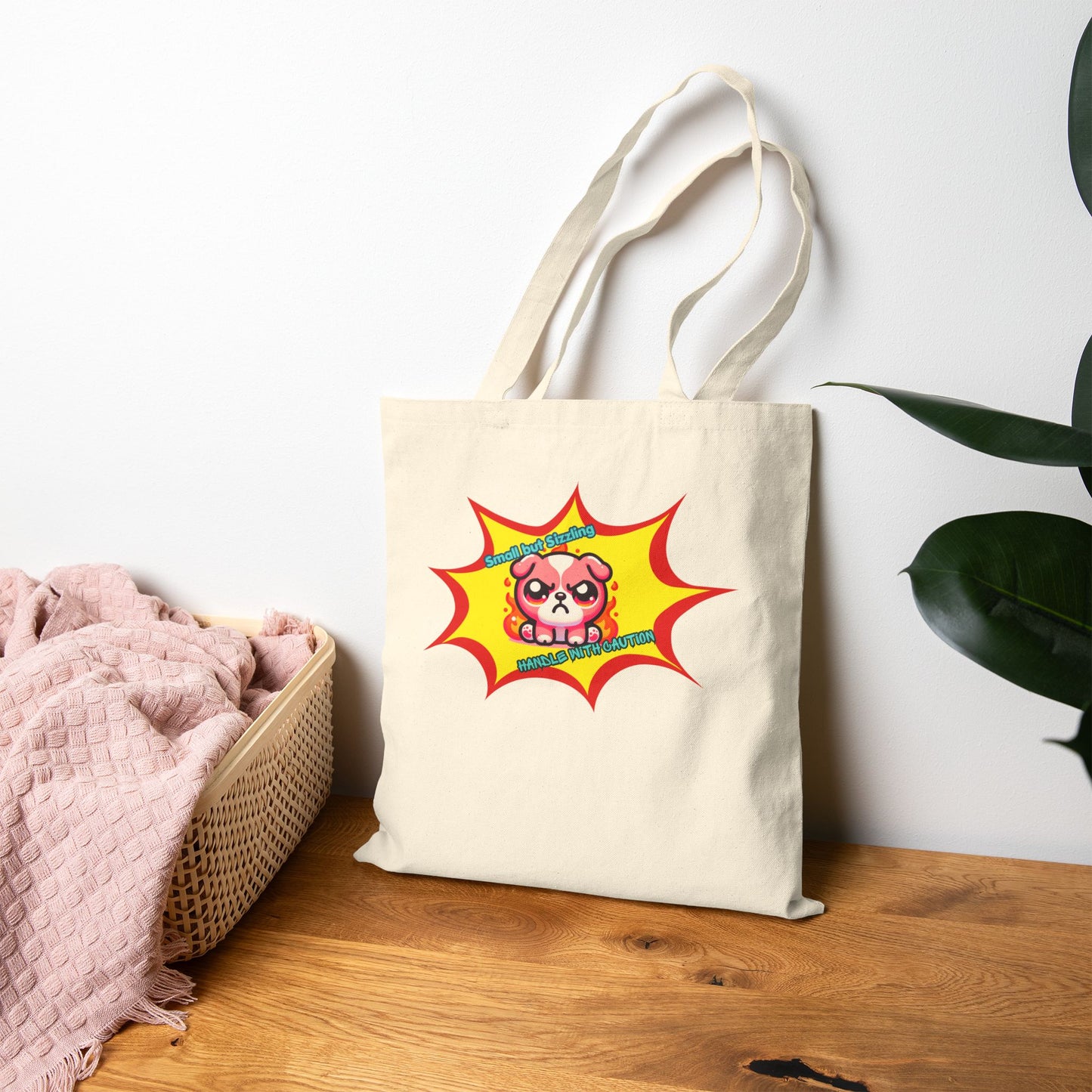 Pink Bulldog Tote Bag, "Small but Sizzling, Handle with Caution' Cute Fiery Mad Pink Emote