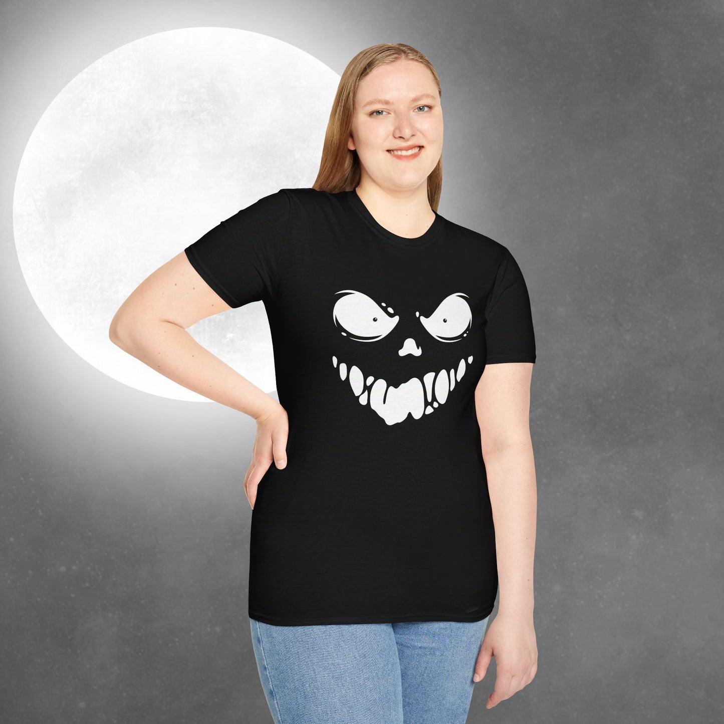 Sinister Grin at Midnight Horror T-Shirt | Ghostly Graphic Tee for Halloween Parties, Costume Events, Trick or Treating, October
