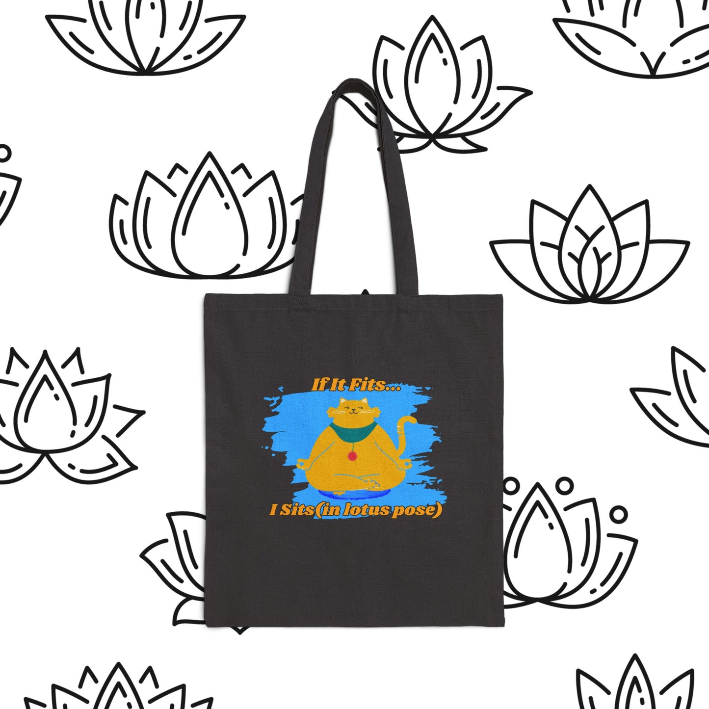 "If It Fits, I Sit" - Playful Yoga Cat Canvas Tote Bag - Eco-Friendly Shopping, Gift for Cat Lovers, Cats, Birthday, Everyday Use, Reusable Bag