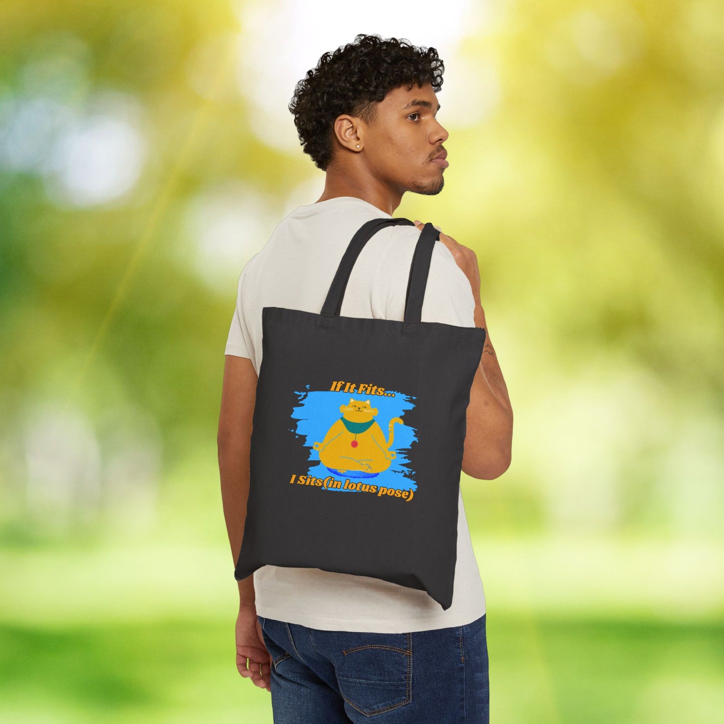 "If It Fits, I Sit" - Playful Yoga Cat Canvas Tote Bag - Eco-Friendly Shopping, Gift for Cat Lovers, Cats, Birthday, Everyday Use, Reusable Bag