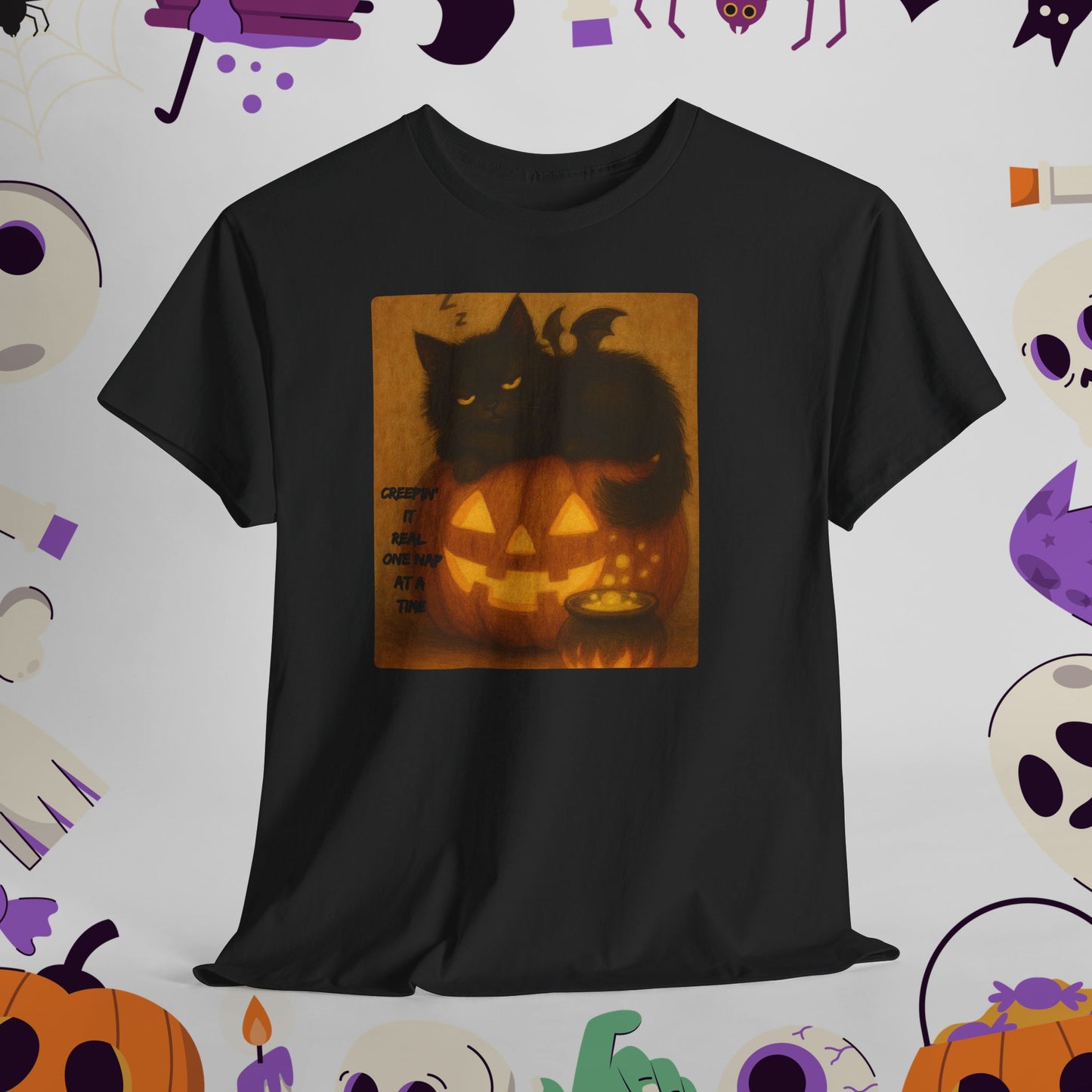 Creepin' It Real, One Nap at a Time - Halloween Cat Tee, Spooky Shirt, Perfect for Halloween Parties, Gifts, Autumn Fashion, Witchy Cat Lovers