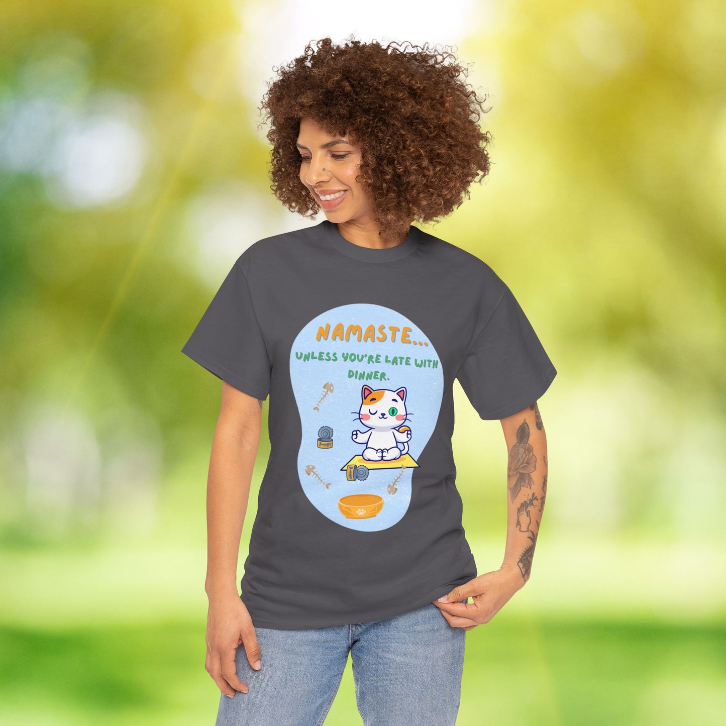 Namaste Cat Unisex Heavy Cotton Tee, Yoga Shirt, Funny Tee, Gift for Cat Lovers, Relaxed Fit T-Shirt
