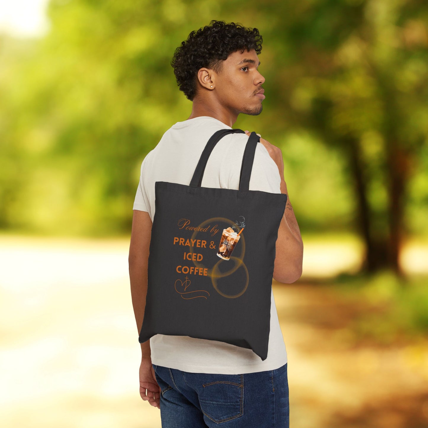 Powered by Prayer & Iced Coffee - Christian Canvas Tote for Faithful Sips & Errands - Inspirational Canvas Bag, Coffee Lover Gift, Eco-Friendly Tote, Summer Tote Bag