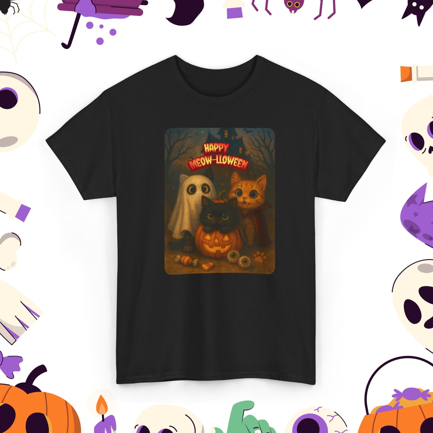 Happy Meow-lloween Unisex Tee, Halloween Cat T-Shirt, Cat Lover Shirt, Ghost and Cat Design, Cozy Fall Apparel, Spooky Season Clothing