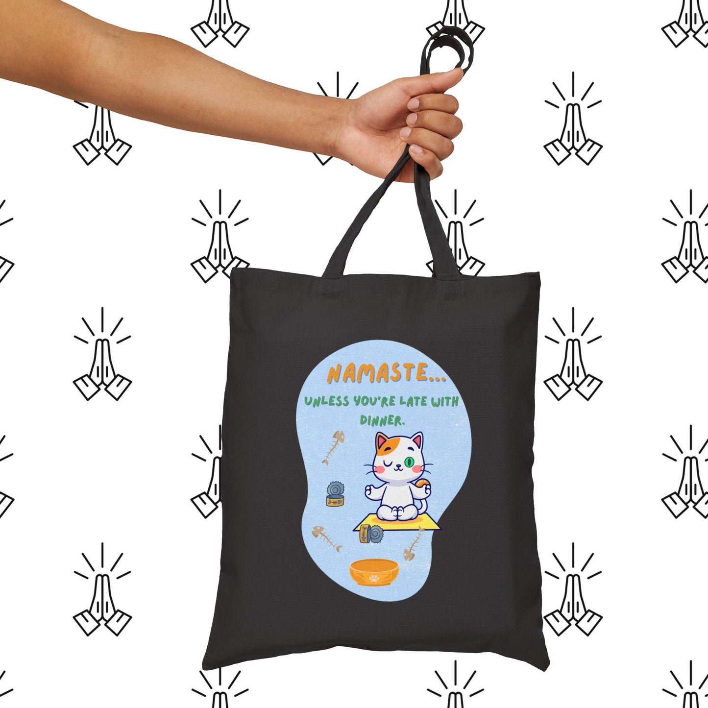Namaste Cat Canvas Tote Bag, Funny Tote, Eco-Friendly Bag, Gift for Cat Lovers, Yoga Accessory, Reusable Shopping Bag