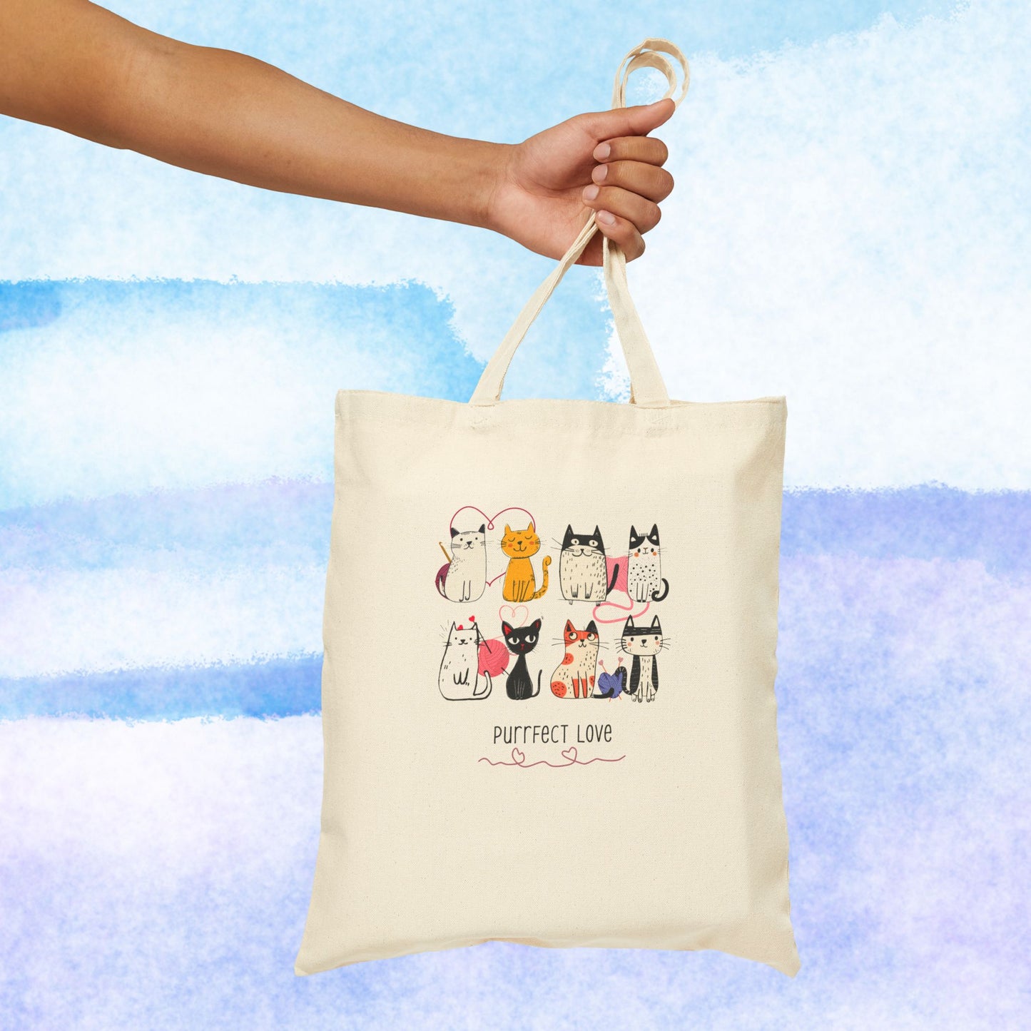 Canvas Tote Bag — "Purrfect Love" Cute Cat Illustration Tote for Cat Lovers