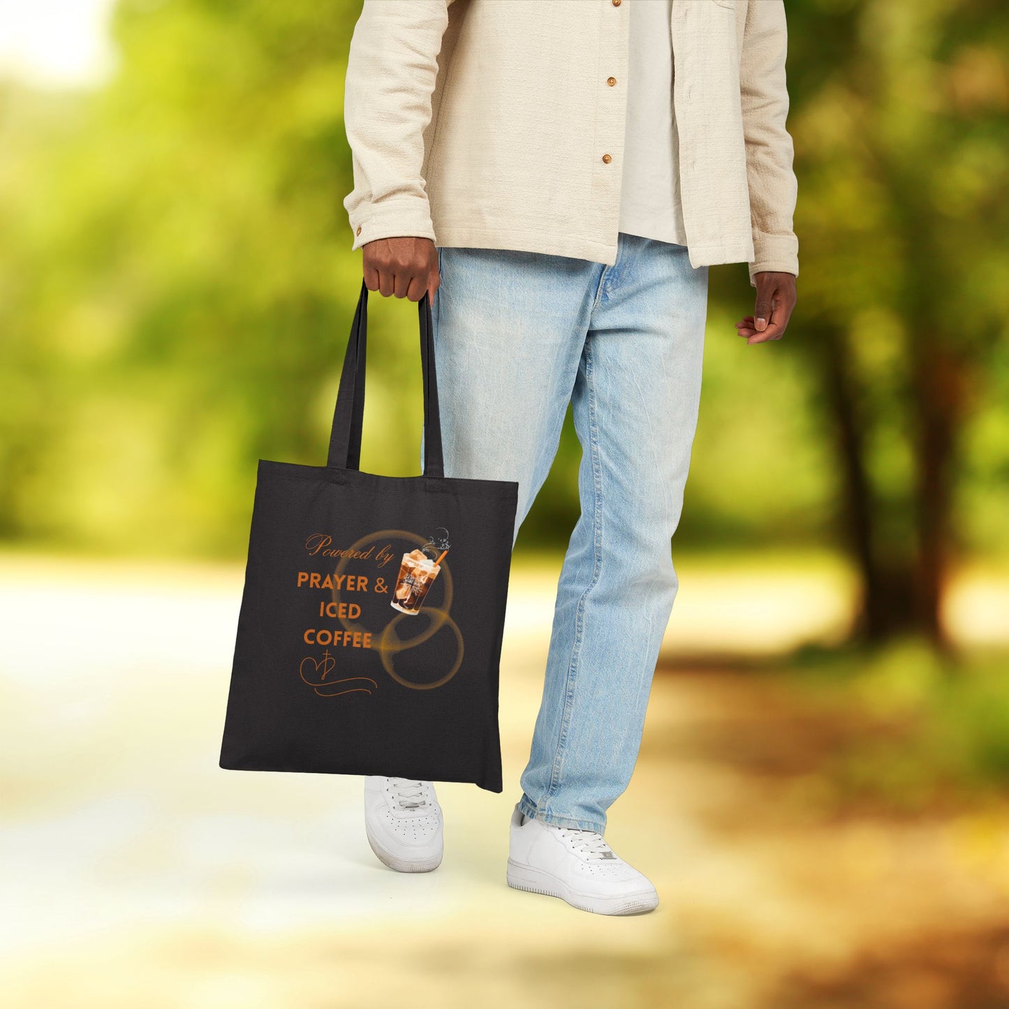 Powered by Prayer & Iced Coffee - Christian Canvas Tote for Faithful Sips & Errands - Inspirational Canvas Bag, Coffee Lover Gift, Eco-Friendly Tote, Summer Tote Bag