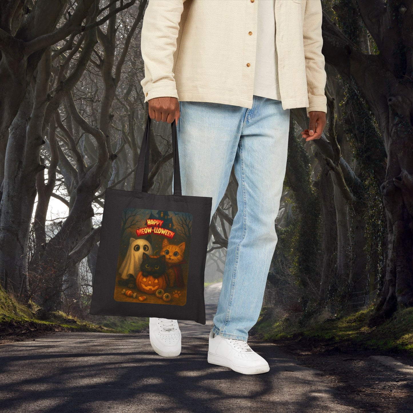 Halloween Cat-Themed Cotton Canvas Tote Bag, Eco-Friendly, Trick or Treat, Party Favor, Fall Decor, Stylish Reusable Bag