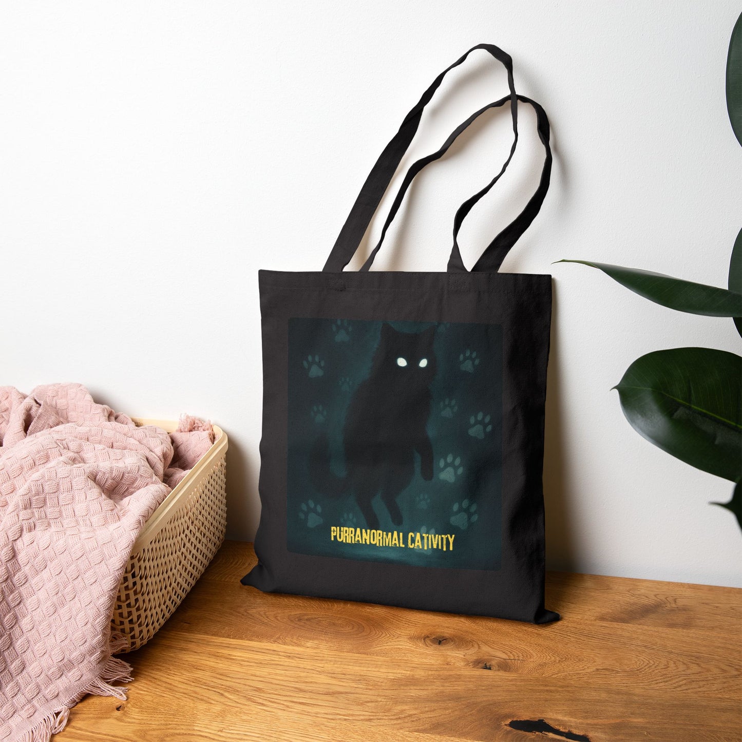 Purranormal Cativity Halloween Cat Cotton Canvas Tote Bag, Spooky Tote, Ghostly Shopping Bag, Eco-Friendly Trick-or-Treat Bag, Paranormal Cativity Bag