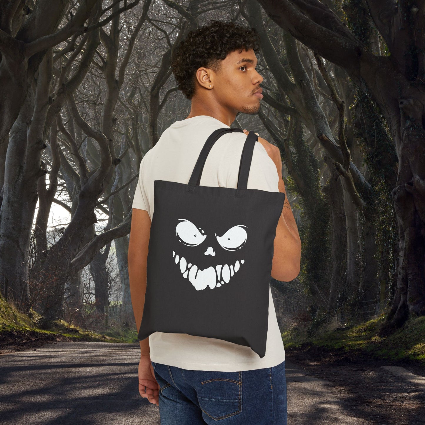 Sinister Grin at Midnight Canvas Tote Bag, Horror Tote, Trick or Treat Bag, Witchy Tote, Halloween Shopping Bag, Halloween Gift