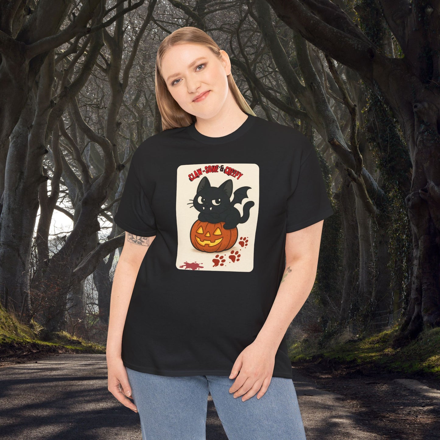 Claw-Some and Creepy - Halloween Cat Tee, Black Cat T-Shirt, Pumpkin Graphic Tee, Spooky Season Apparel, Cute Halloween Gift