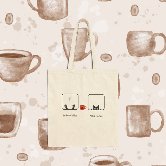 "Before Coffee / After Coffee" Canvas Tote Bag, Cat & Coffee Cute Illustration