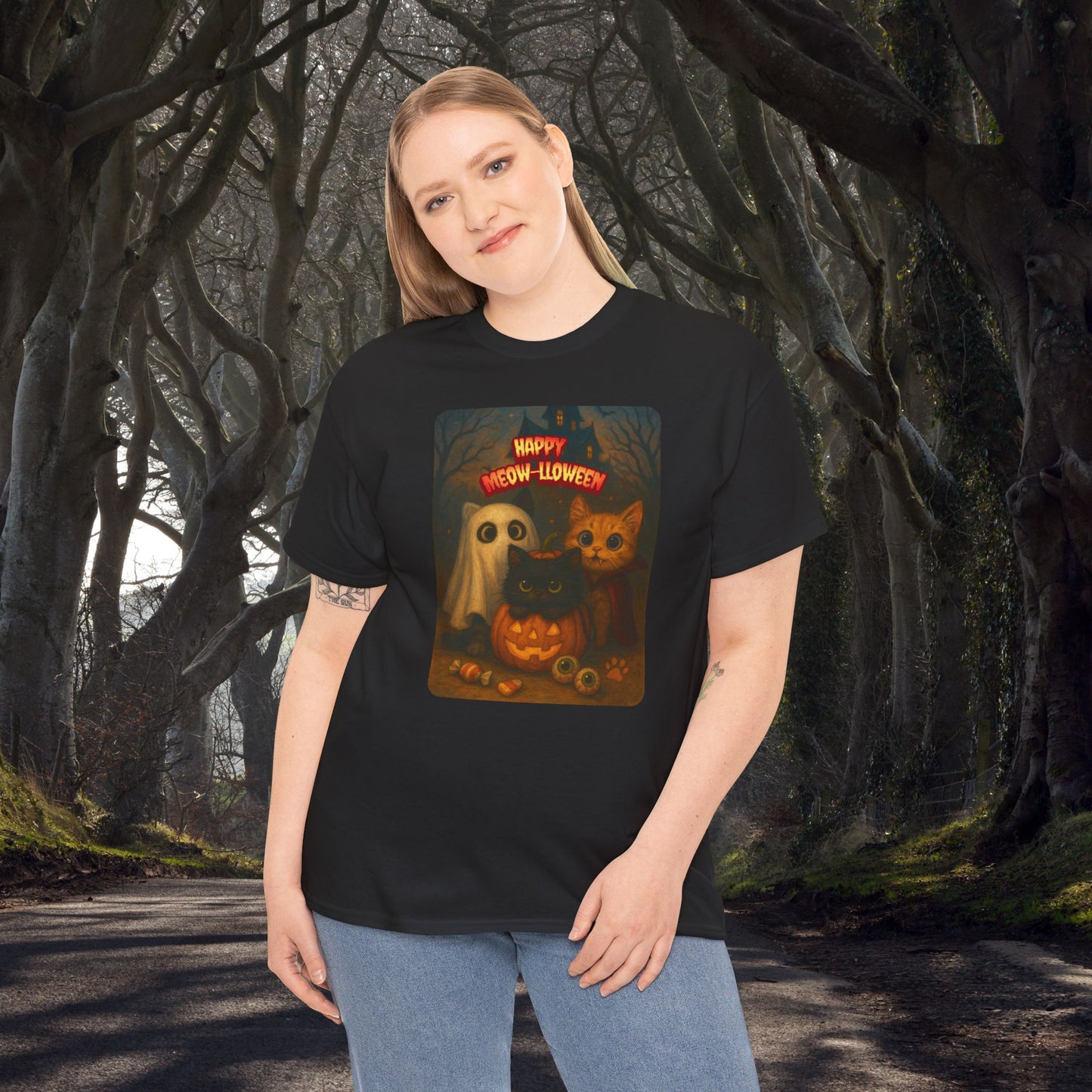 Happy Meow-lloween Unisex Tee, Halloween Cat T-Shirt, Cat Lover Shirt, Ghost and Cat Design, Cozy Fall Apparel, Spooky Season Clothing