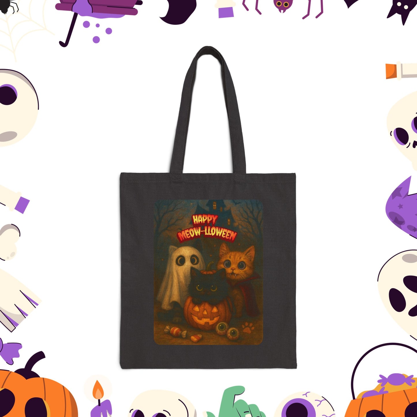 Halloween Cat-Themed Cotton Canvas Tote Bag, Eco-Friendly, Trick or Treat, Party Favor, Fall Decor, Stylish Reusable Bag