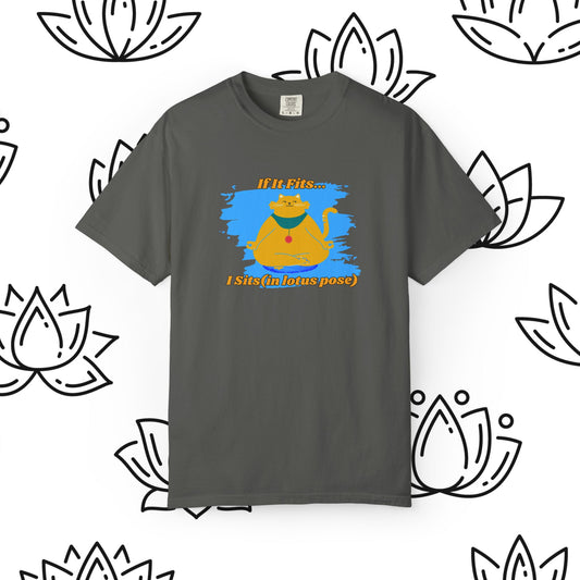 "If It Fits, I Sit" - Relaxed Yoga Cat T-shirt, Yoga Apparel, Animal Lover Gift, Meditation Top, Funny Cat Shirt
