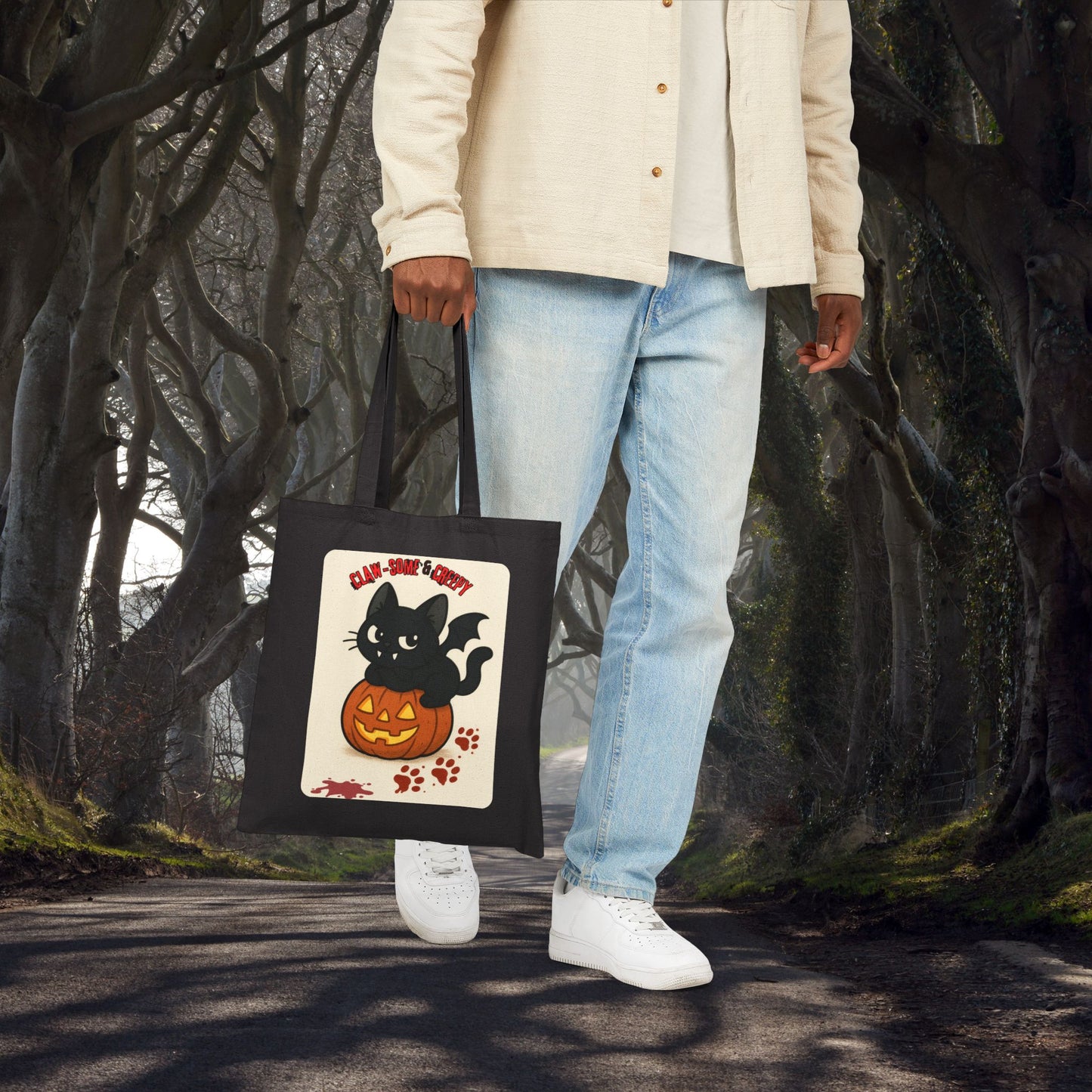 Claw-Some and Creepy - Halloween Cat Tote Bag, Spooky Canvas Shopper, Trick or Treat Gift, Pumpkin Decoration, Fall Accessory