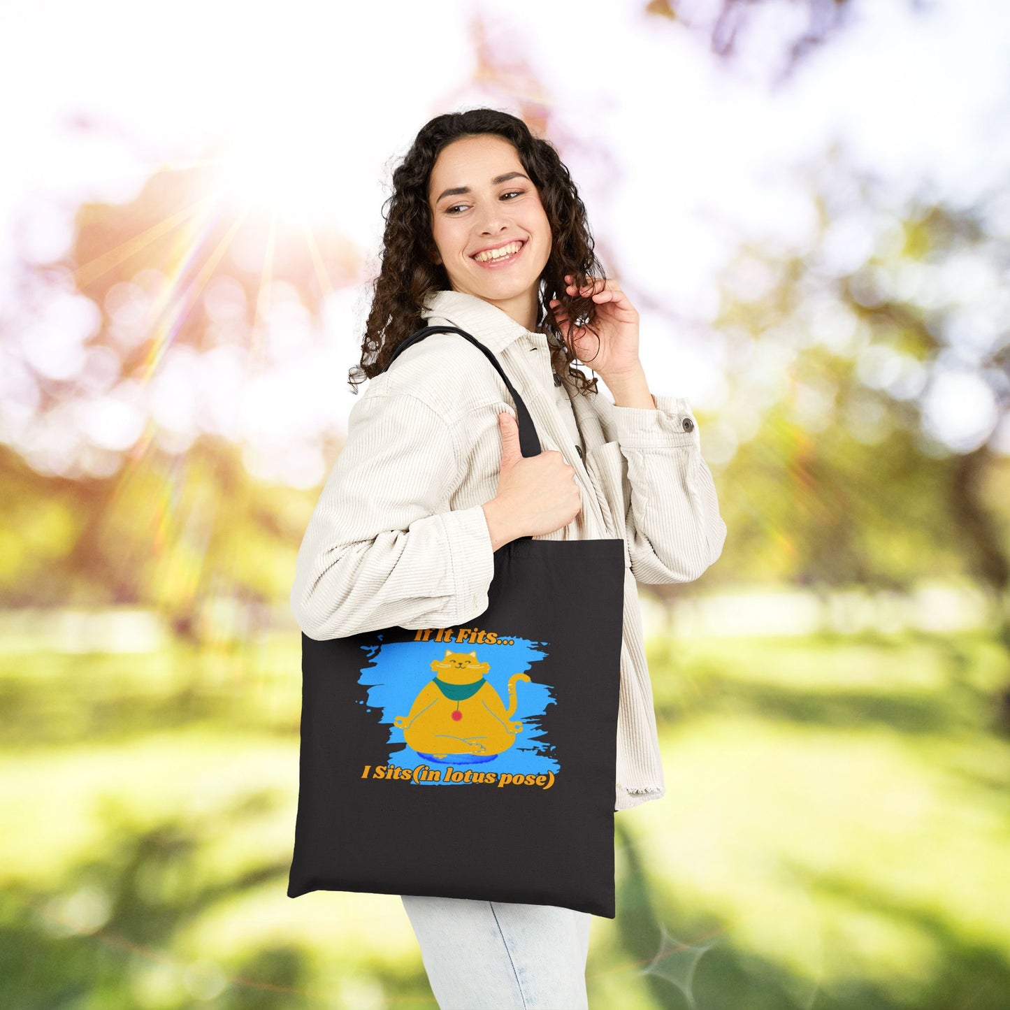 "If It Fits, I Sit" - Playful Yoga Cat Canvas Tote Bag - Eco-Friendly Shopping, Gift for Cat Lovers, Cats, Birthday, Everyday Use, Reusable Bag