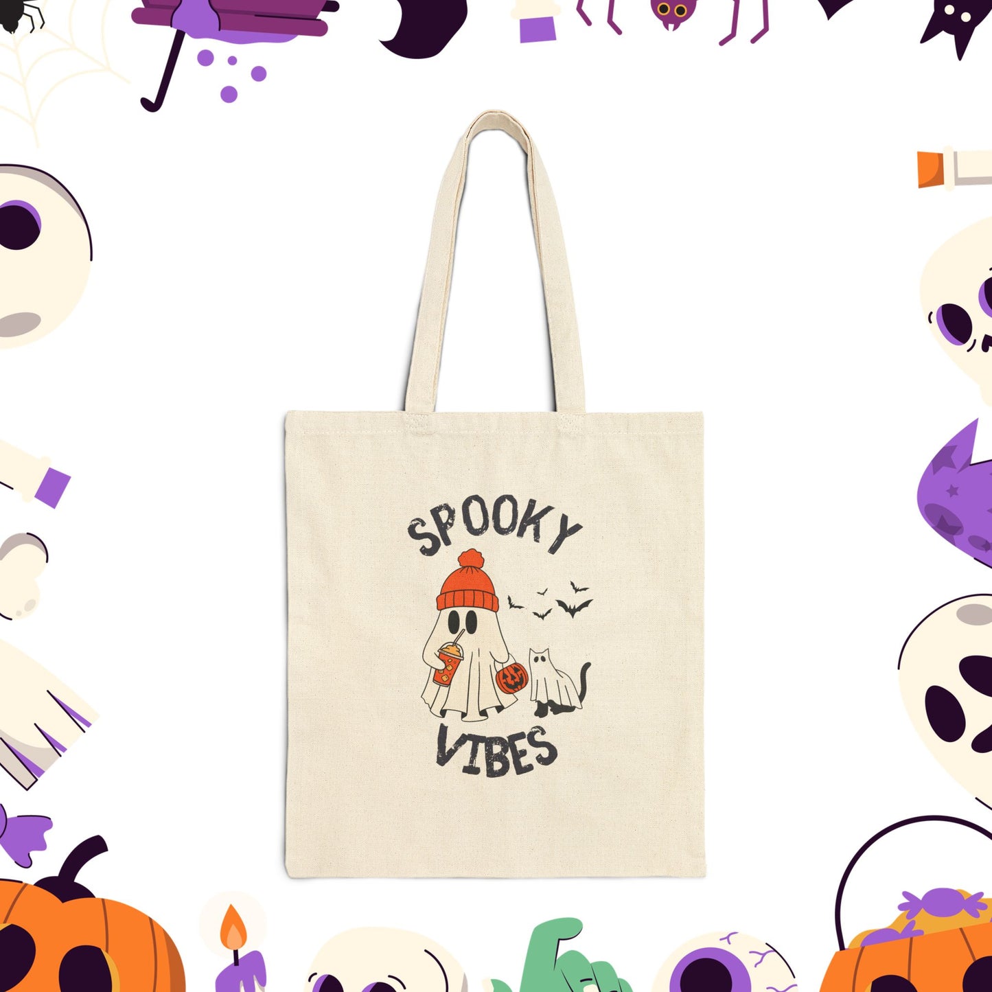 Spooky Vibes Only, Sweet Haunts and Silly Spirits Canvas Tote Bag, Halloween Tote, Trick or Treat Bag, Ghost Shopper, Cute Eco-Friendly Bag