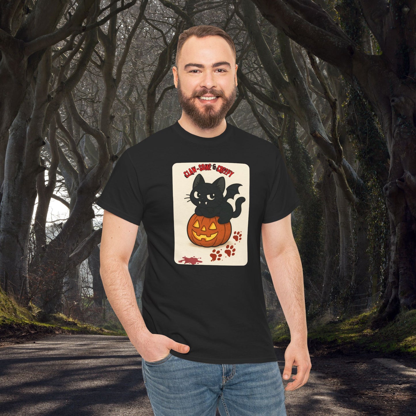 Claw-Some and Creepy - Halloween Cat Tee, Black Cat T-Shirt, Pumpkin Graphic Tee, Spooky Season Apparel, Cute Halloween Gift