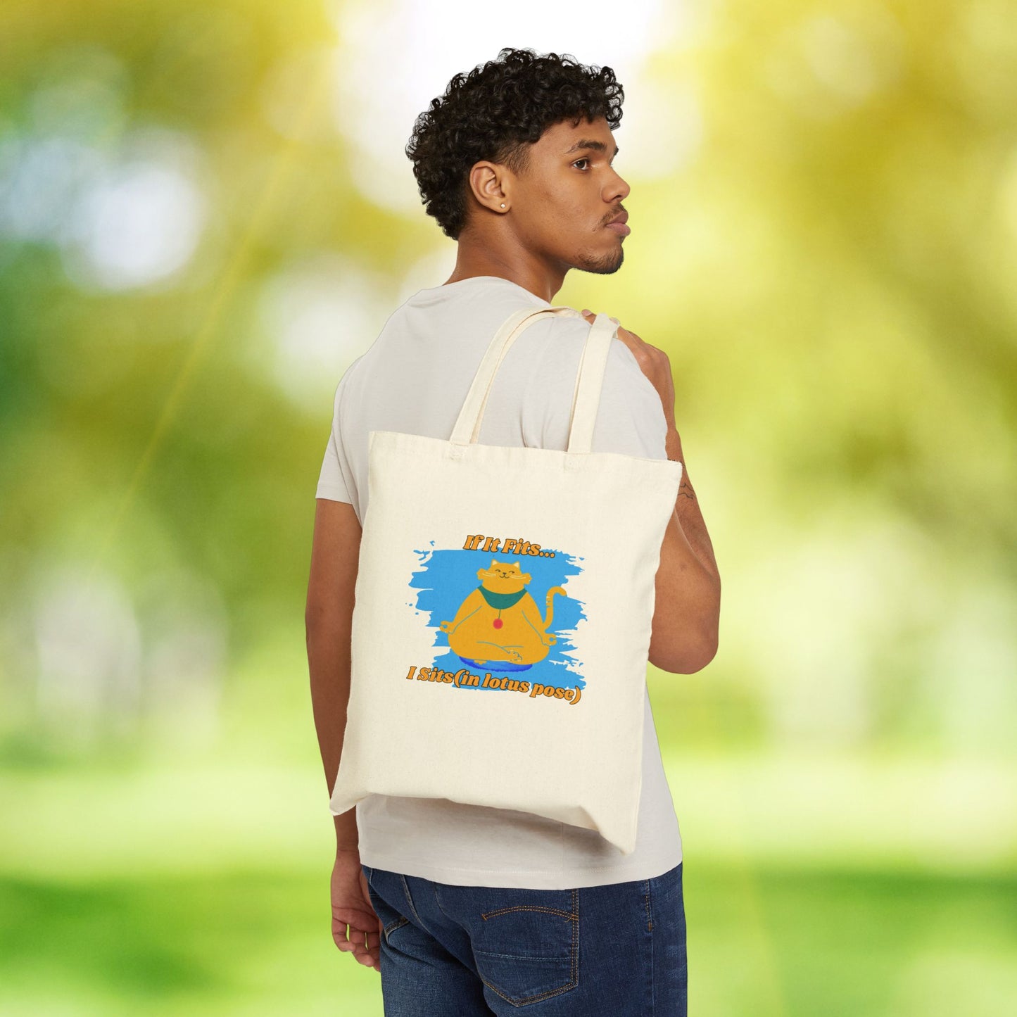 "If It Fits, I Sit" - Playful Yoga Cat Canvas Tote Bag - Eco-Friendly Shopping, Gift for Cat Lovers, Cats, Birthday, Everyday Use, Reusable Bag