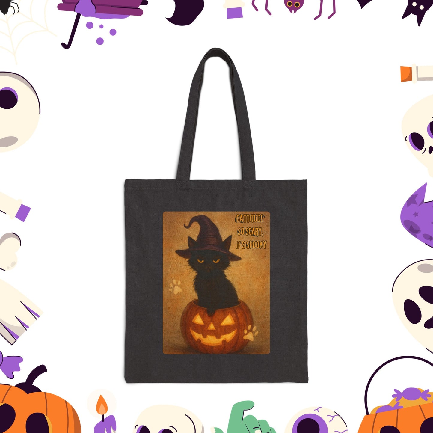 Catitude So Scary, It's Spooky Halloween Cat Tote Bag, Fabric Shopping Bag, Gift for Cat Lovers, Eco-Friendly Reusable Tote, Halloween Decoration