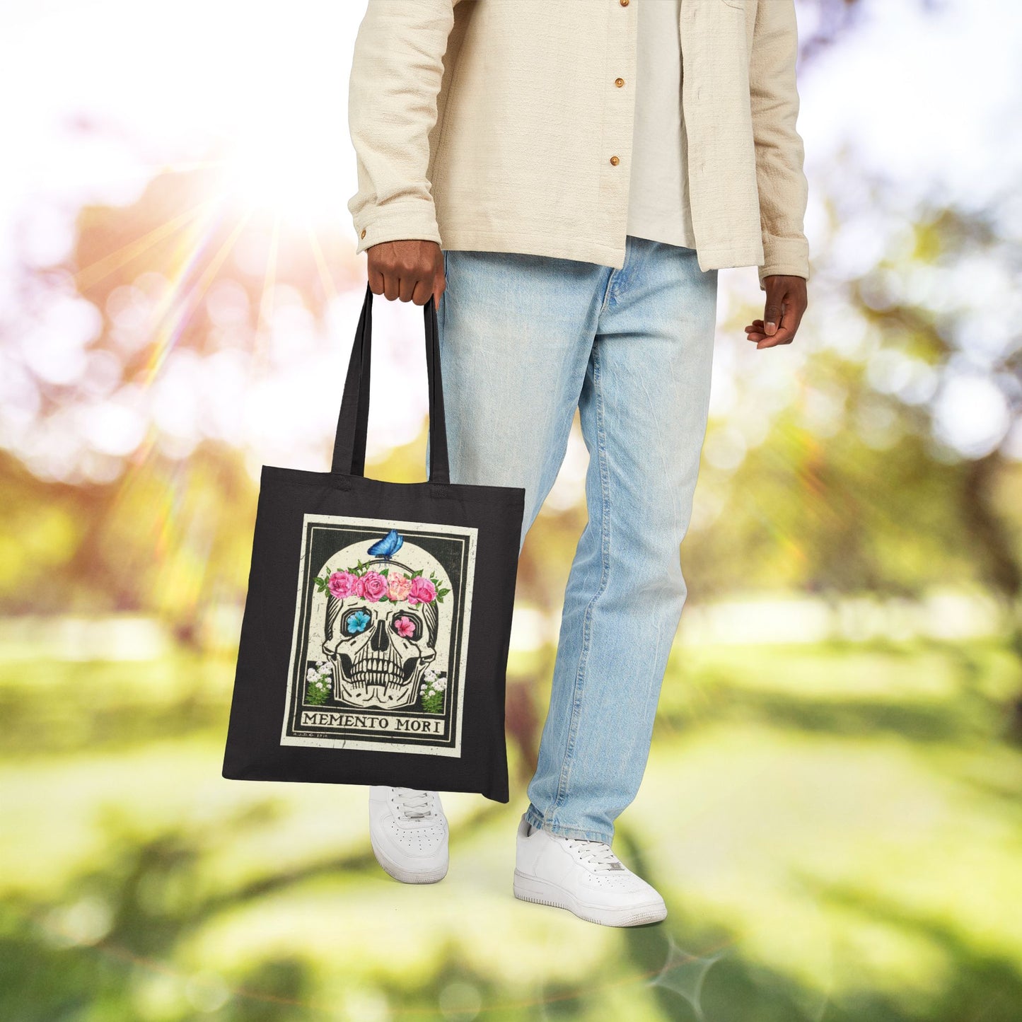 Memento Mori Floral Skull Tote Bag, Eco-Friendly Shopping Bag, Boho Chic Gift, Reusable Market Tote, Stylish Carryall