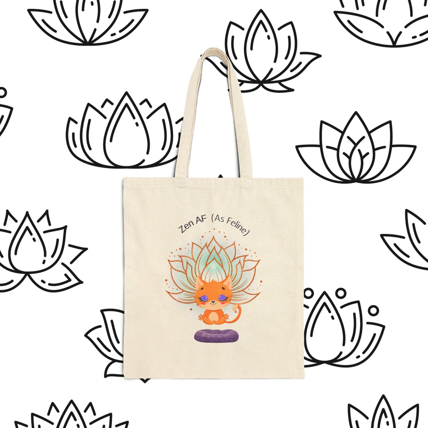 Zen AF (As Feline) - Cotton Canvas Tote Bag, Inspirational Tote, Yoga Bag, Eco-Friendly Shopper, Gift for Mindfulness Lovers