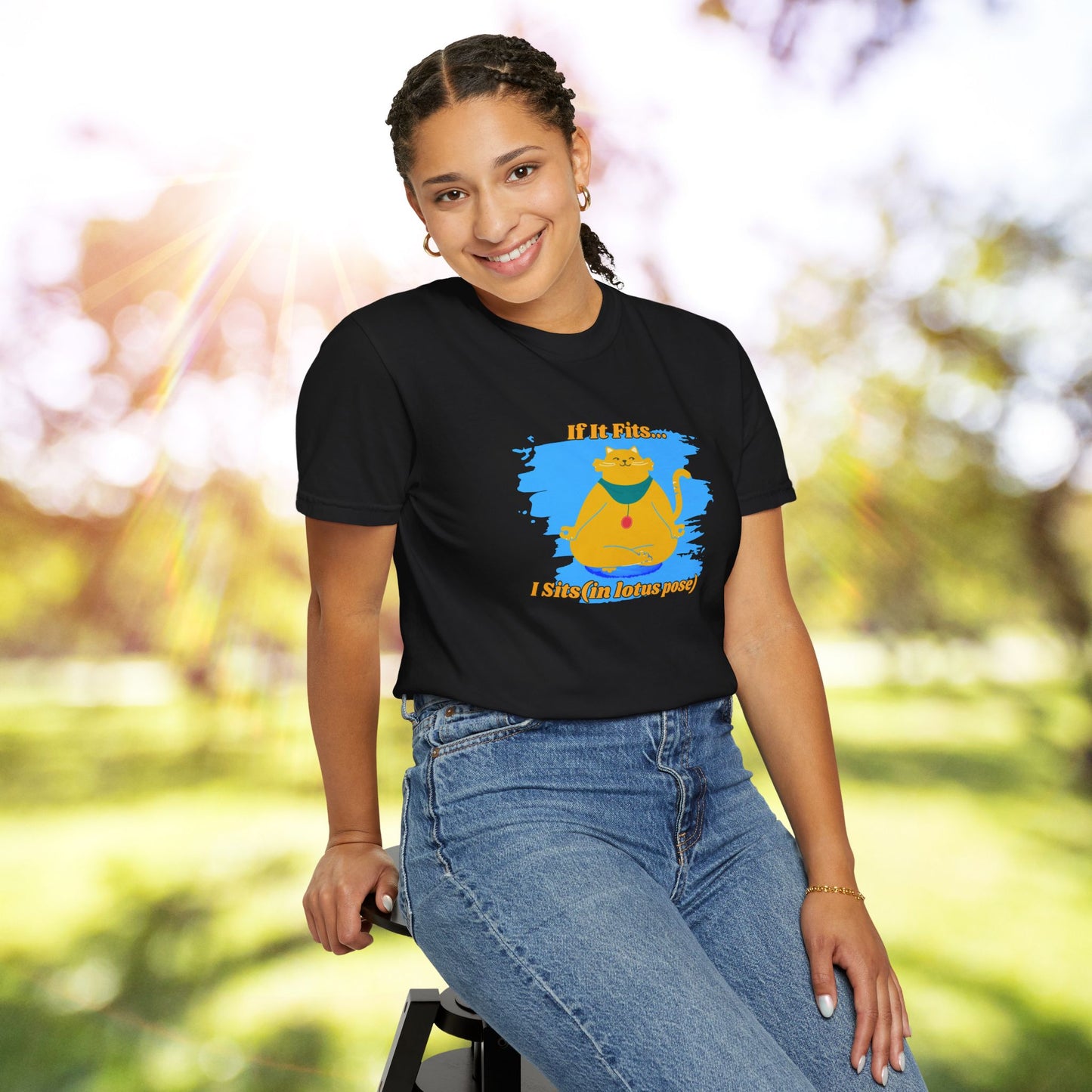 "If It Fits, I Sit" - Relaxed Yoga Cat T-shirt, Yoga Apparel, Animal Lover Gift, Meditation Top, Funny Cat Shirt