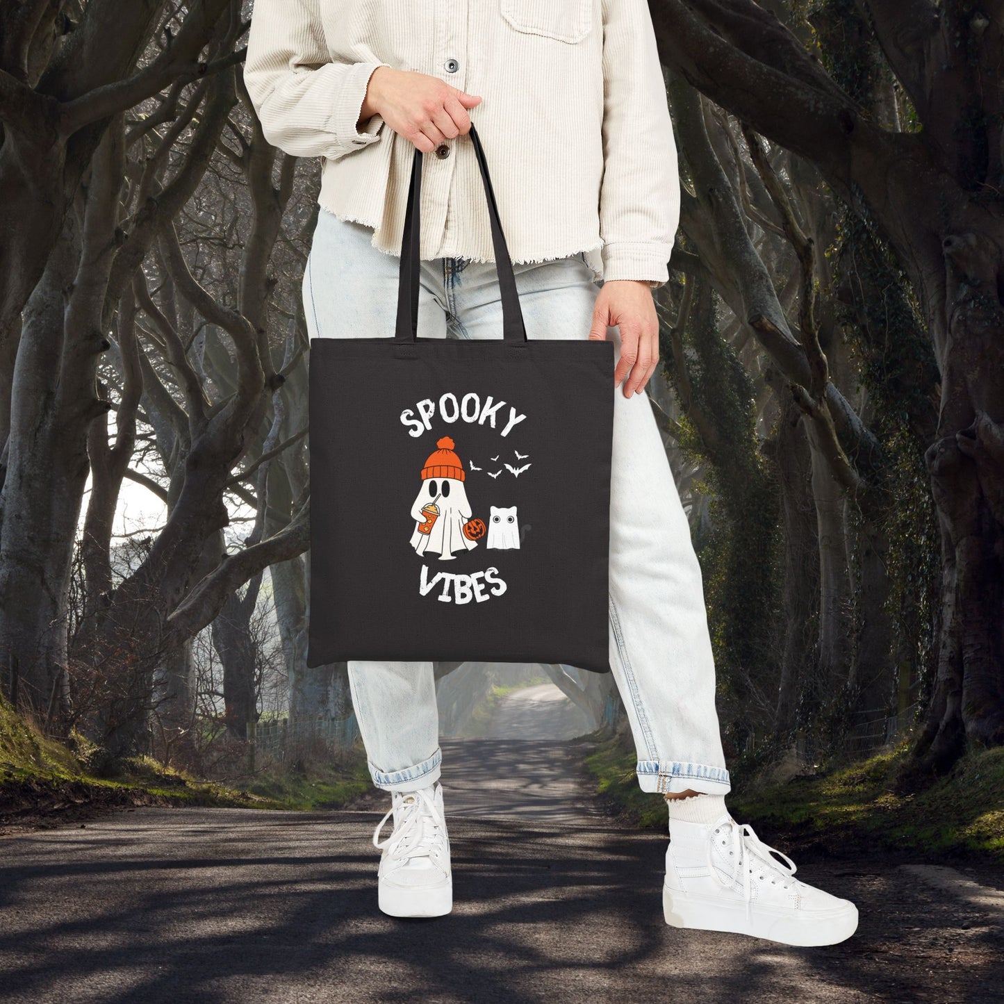 Spooky Vibes Only, Sweet Haunts and Silly Spirits Canvas Tote Bag, Halloween Tote, Trick or Treat Bag, Ghost Shopper, Cute Eco-Friendly Bag