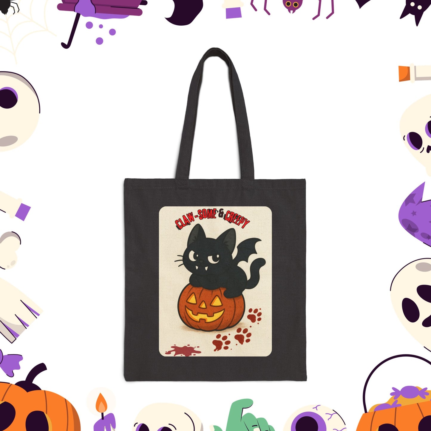 Claw-Some and Creepy - Halloween Cat Tote Bag, Spooky Canvas Shopper, Trick or Treat Gift, Pumpkin Decoration, Fall Accessory