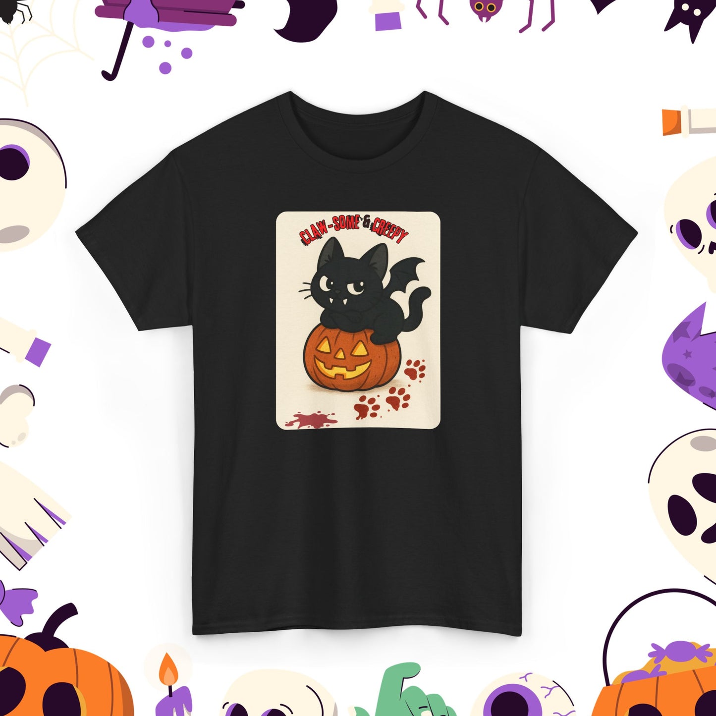 Claw-Some and Creepy - Halloween Cat Tee, Black Cat T-Shirt, Pumpkin Graphic Tee, Spooky Season Apparel, Cute Halloween Gift