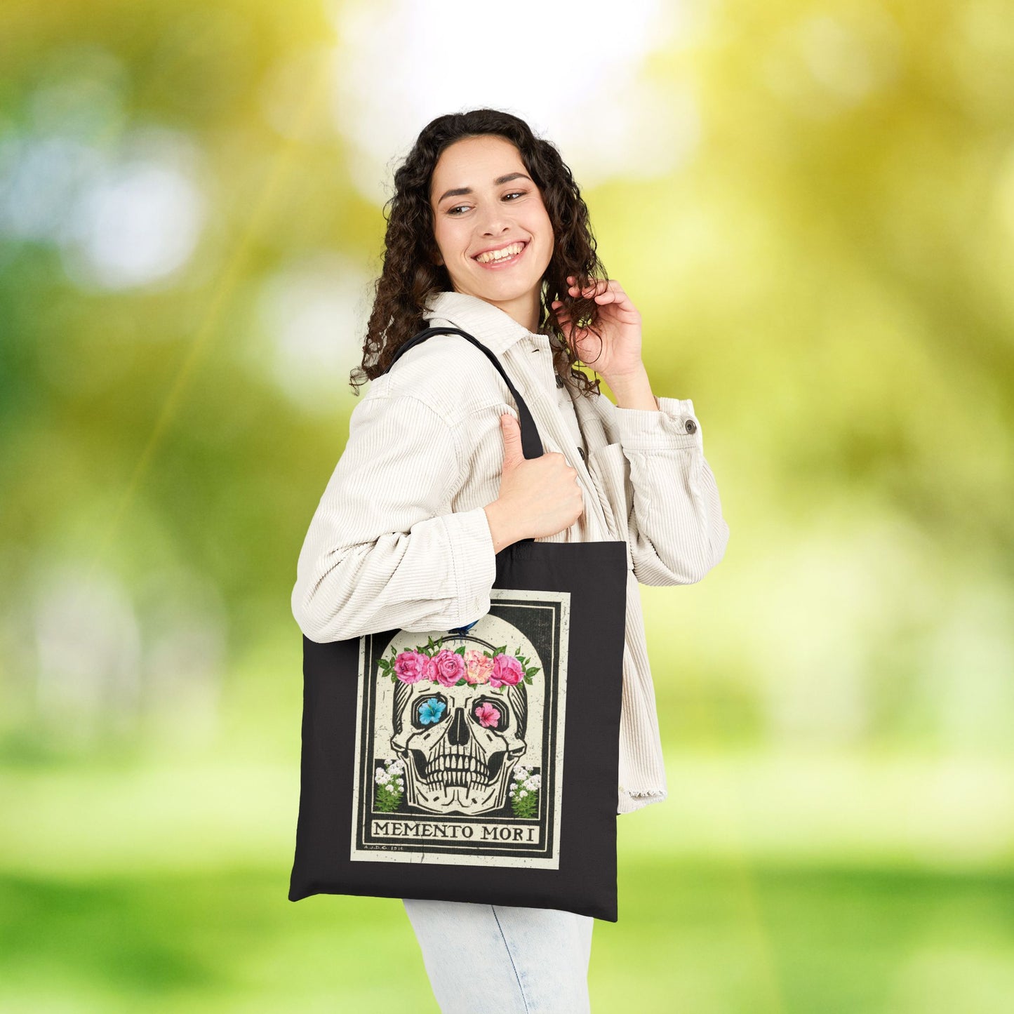 Memento Mori Floral Skull Tote Bag, Eco-Friendly Shopping Bag, Boho Chic Gift, Reusable Market Tote, Stylish Carryall