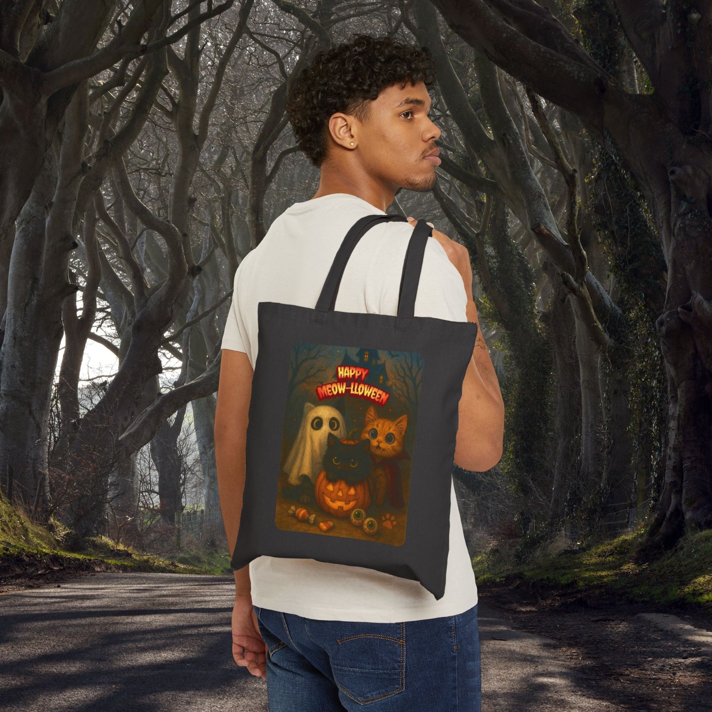 Halloween Cat-Themed Cotton Canvas Tote Bag, Eco-Friendly, Trick or Treat, Party Favor, Fall Decor, Stylish Reusable Bag