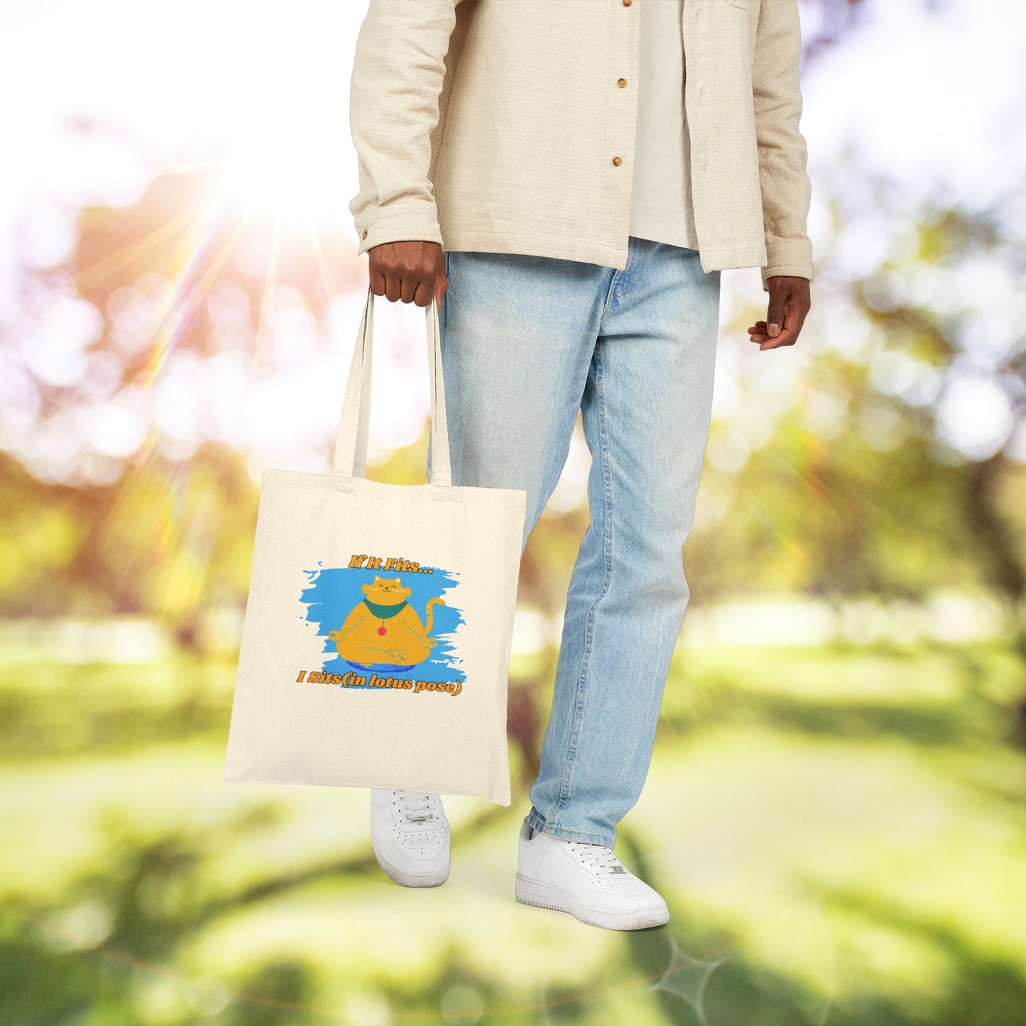 "If It Fits, I Sit" - Playful Yoga Cat Canvas Tote Bag - Eco-Friendly Shopping, Gift for Cat Lovers, Cats, Birthday, Everyday Use, Reusable Bag
