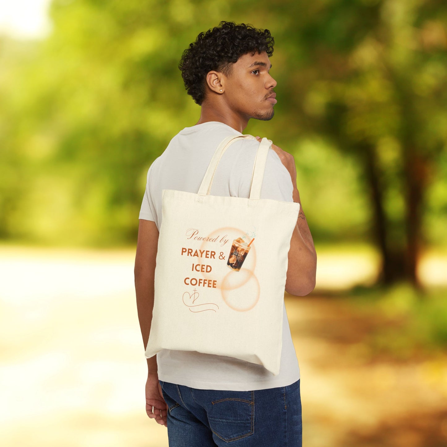 Powered by Prayer & Iced Coffee - Christian Canvas Tote for Faithful Sips & Errands - Inspirational Canvas Bag, Coffee Lover Gift, Eco-Friendly Tote, Summer Tote Bag