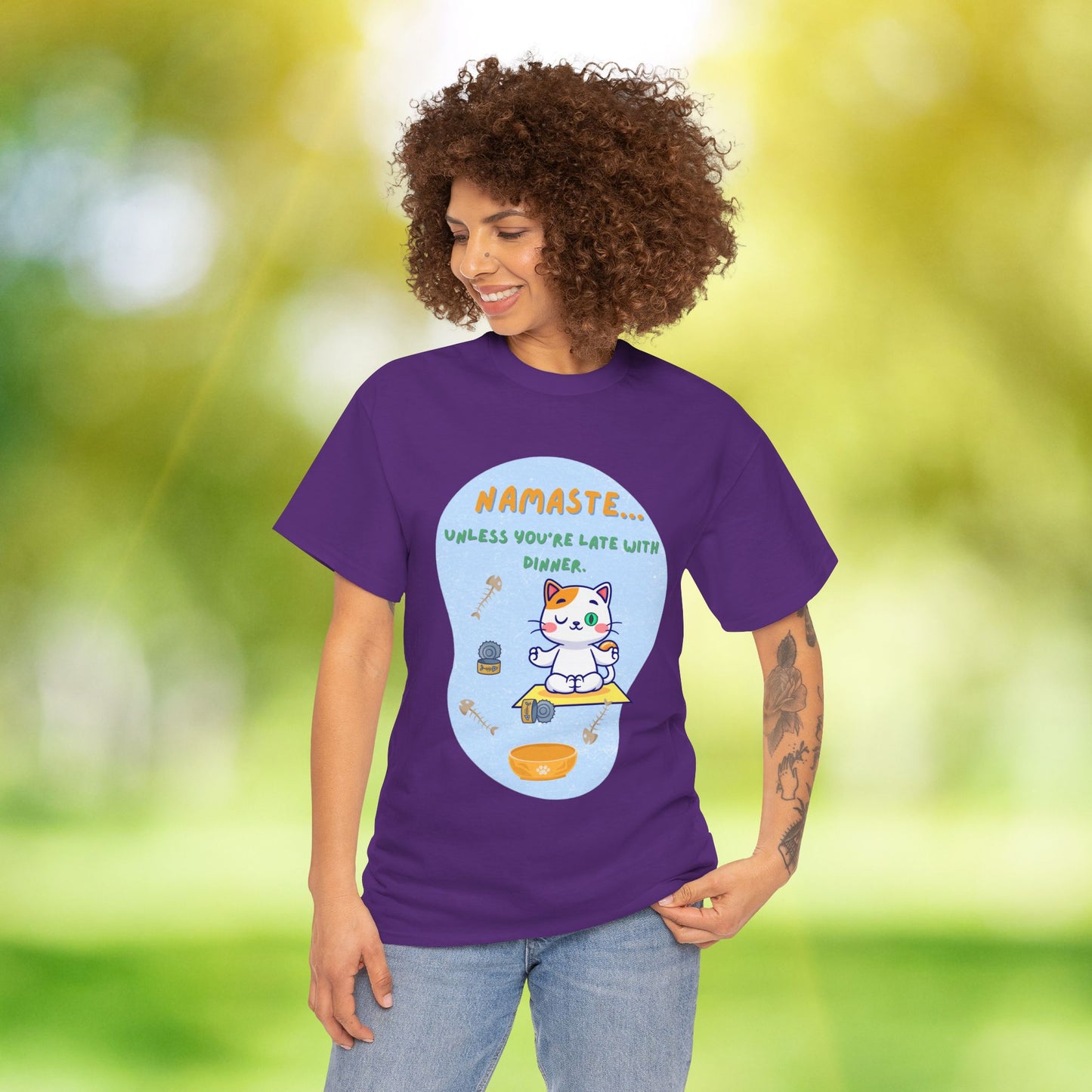 Namaste Cat Unisex Heavy Cotton Tee, Yoga Shirt, Funny Tee, Gift for Cat Lovers, Relaxed Fit T-Shirt