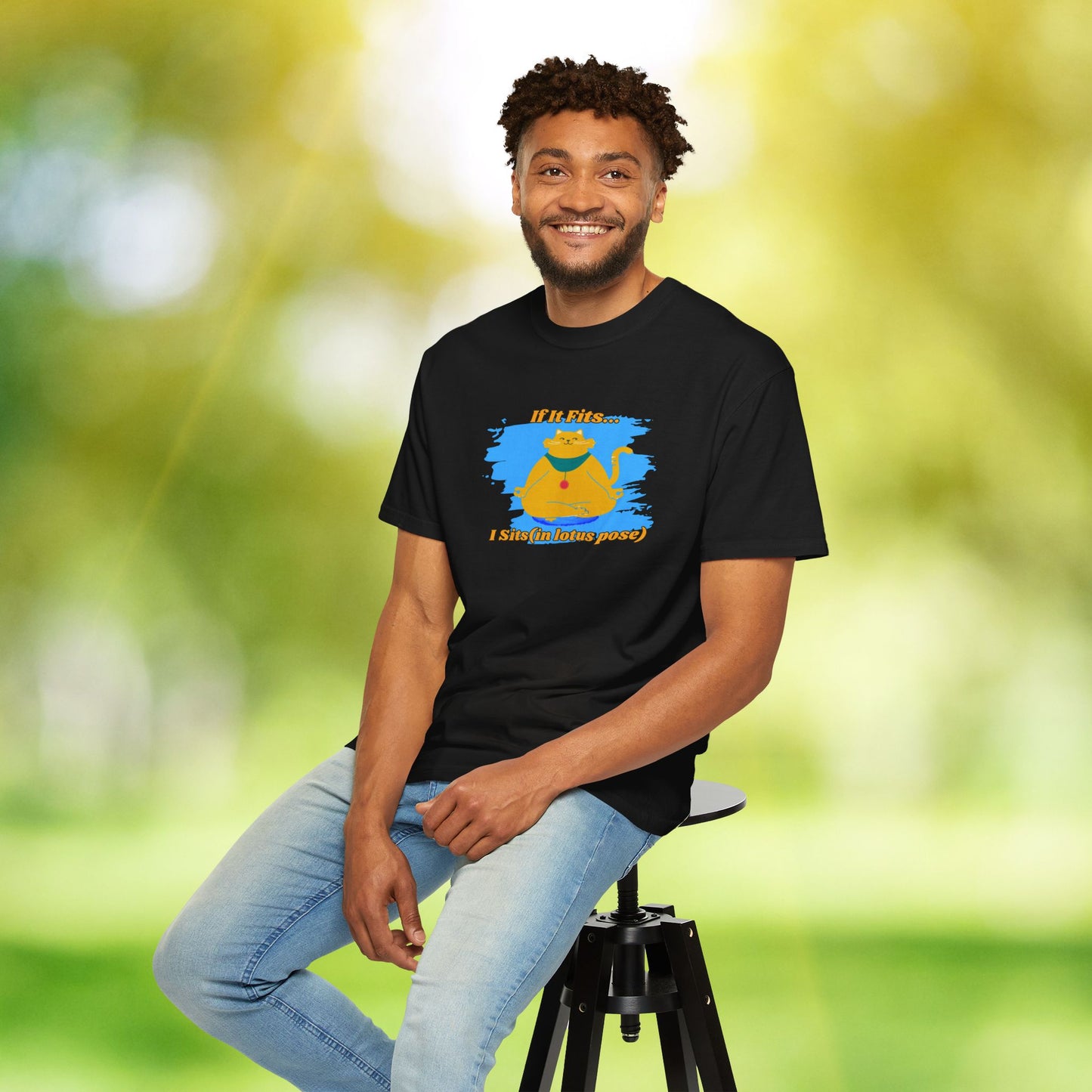 "If It Fits, I Sit" - Relaxed Yoga Cat T-shirt, Yoga Apparel, Animal Lover Gift, Meditation Top, Funny Cat Shirt