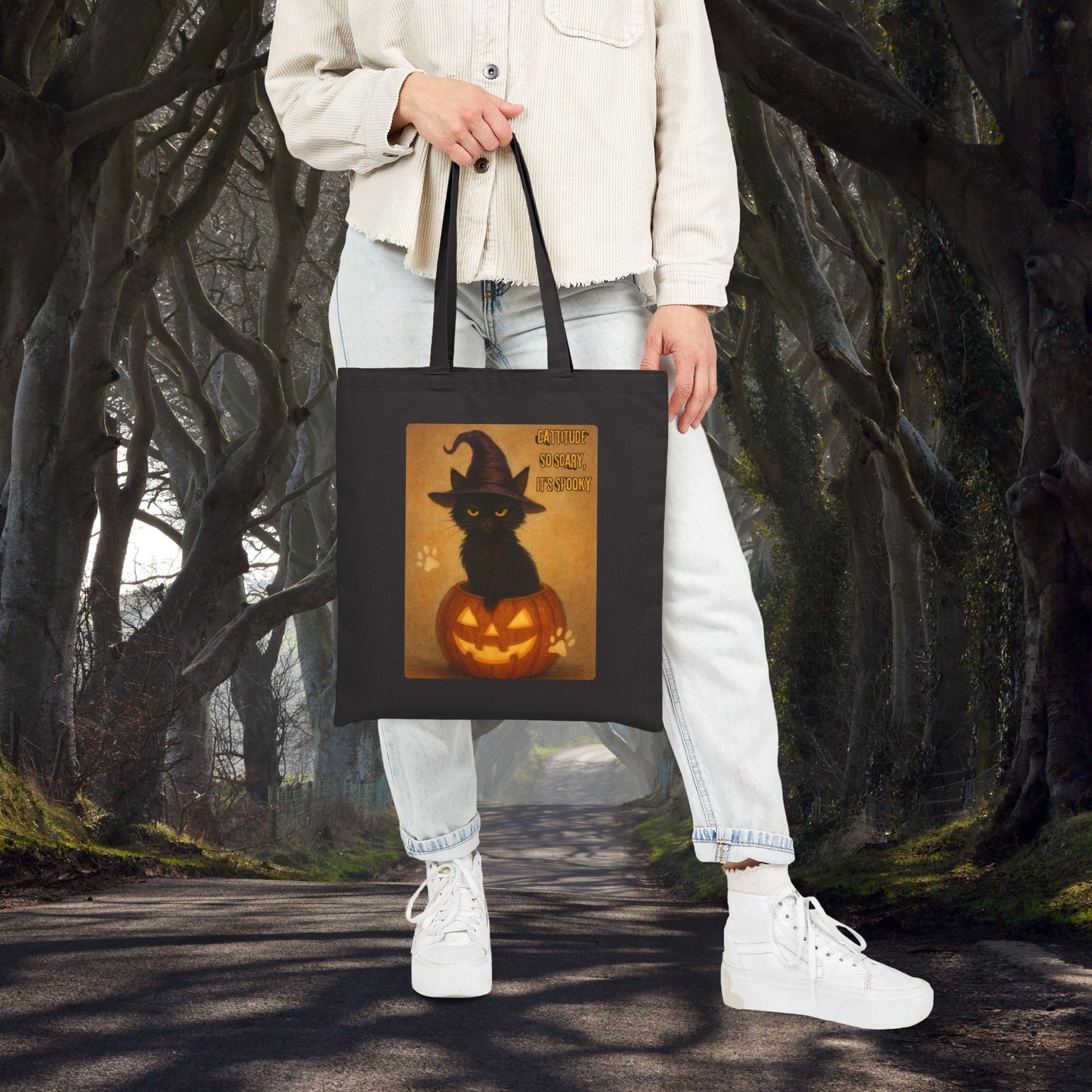 Catitude So Scary, It's Spooky Halloween Cat Tote Bag, Fabric Shopping Bag, Gift for Cat Lovers, Eco-Friendly Reusable Tote, Halloween Decoration