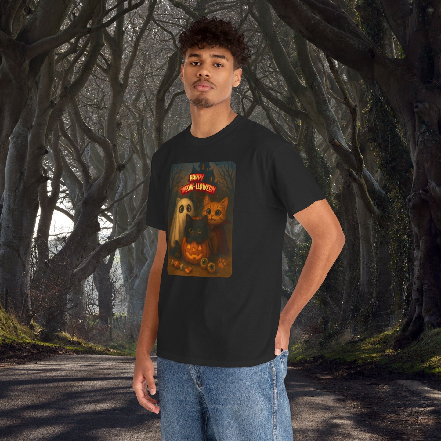 Happy Meow-lloween Unisex Tee, Halloween Cat T-Shirt, Cat Lover Shirt, Ghost and Cat Design, Cozy Fall Apparel, Spooky Season Clothing
