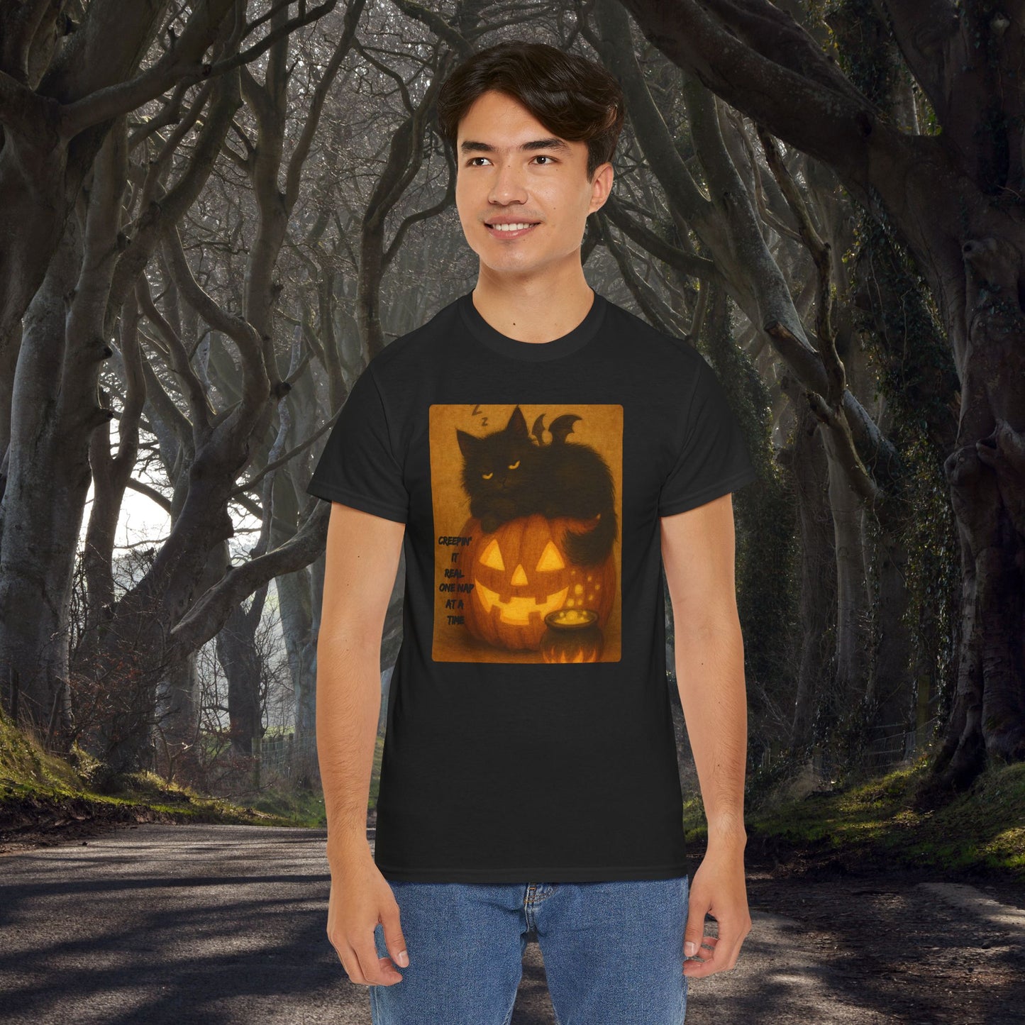 Creepin' It Real, One Nap at a Time - Halloween Cat Tee, Spooky Shirt, Perfect for Halloween Parties, Gifts, Autumn Fashion, Witchy Cat Lovers