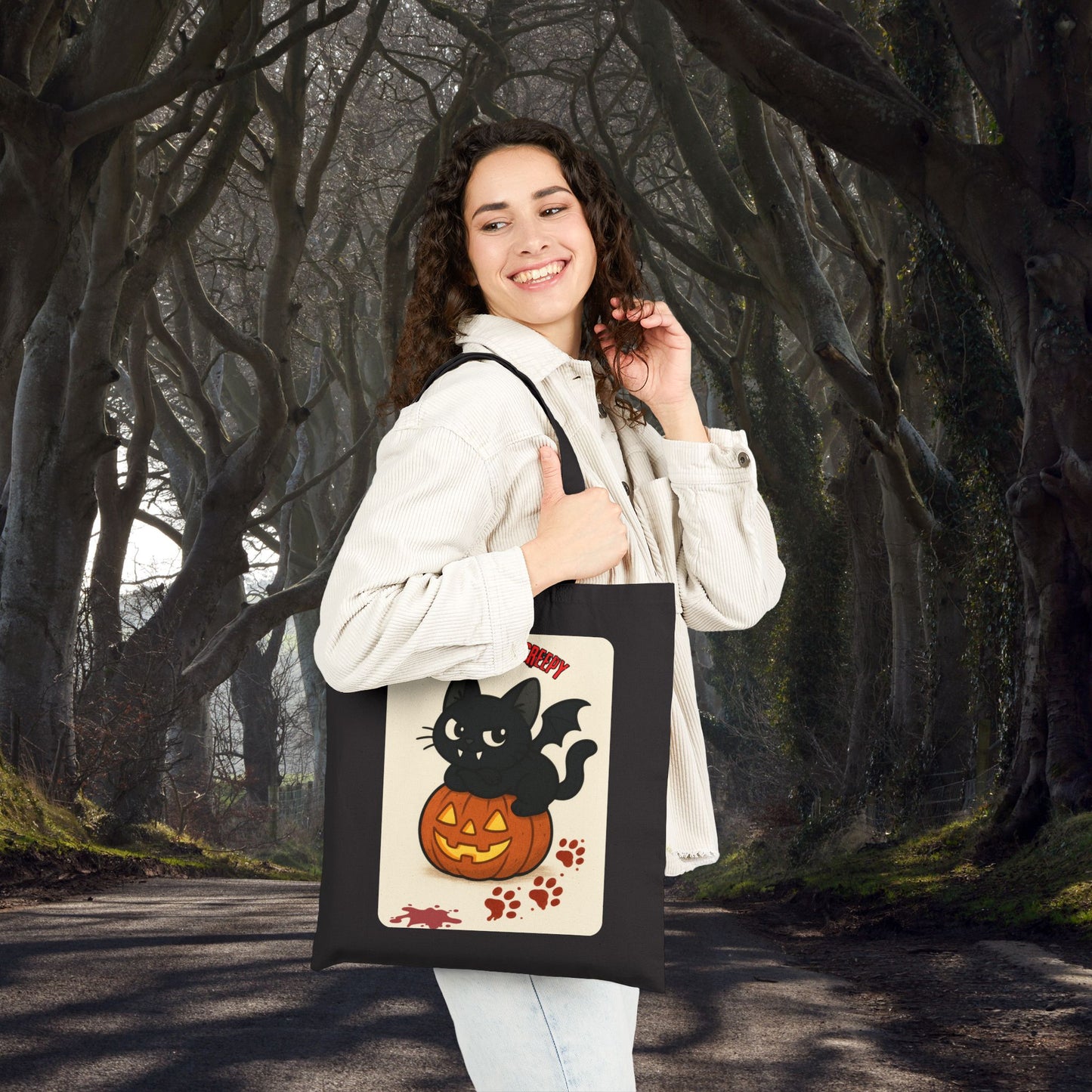 Claw-Some and Creepy - Halloween Cat Tote Bag, Spooky Canvas Shopper, Trick or Treat Gift, Pumpkin Decoration, Fall Accessory
