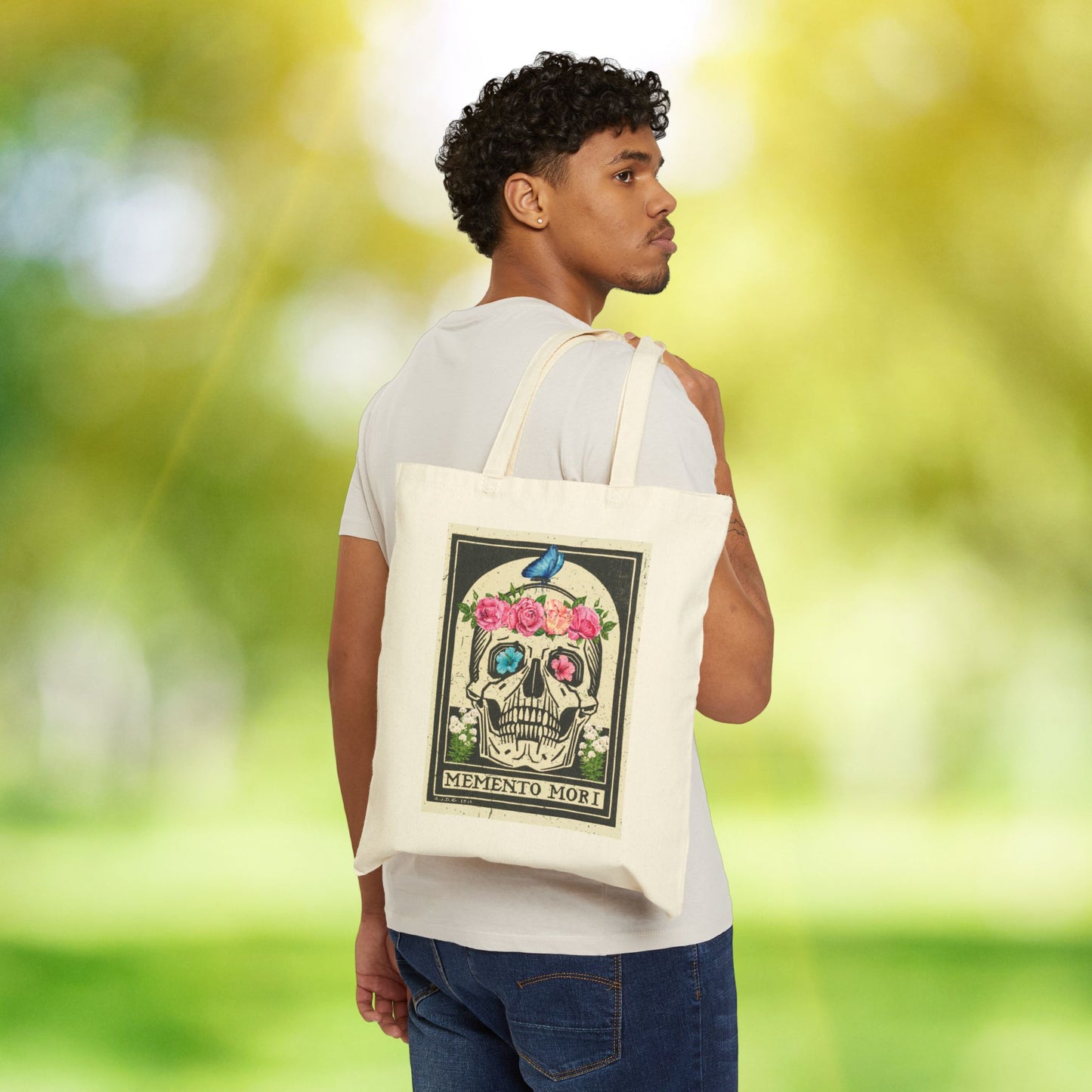 Memento Mori Floral Skull Tote Bag, Eco-Friendly Shopping Bag, Boho Chic Gift, Reusable Market Tote, Stylish Carryall