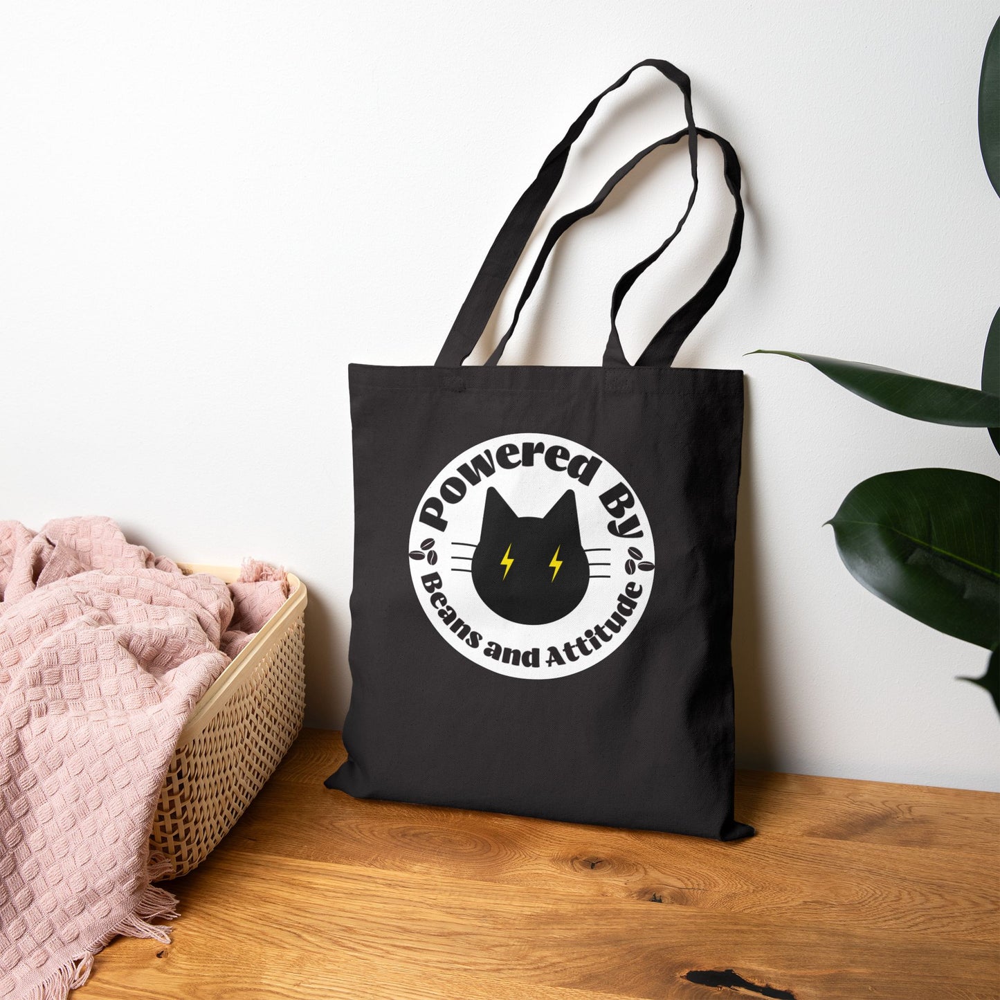 Powered By Beans and Attitude Tote Bag | Coffee Cat Illustration
