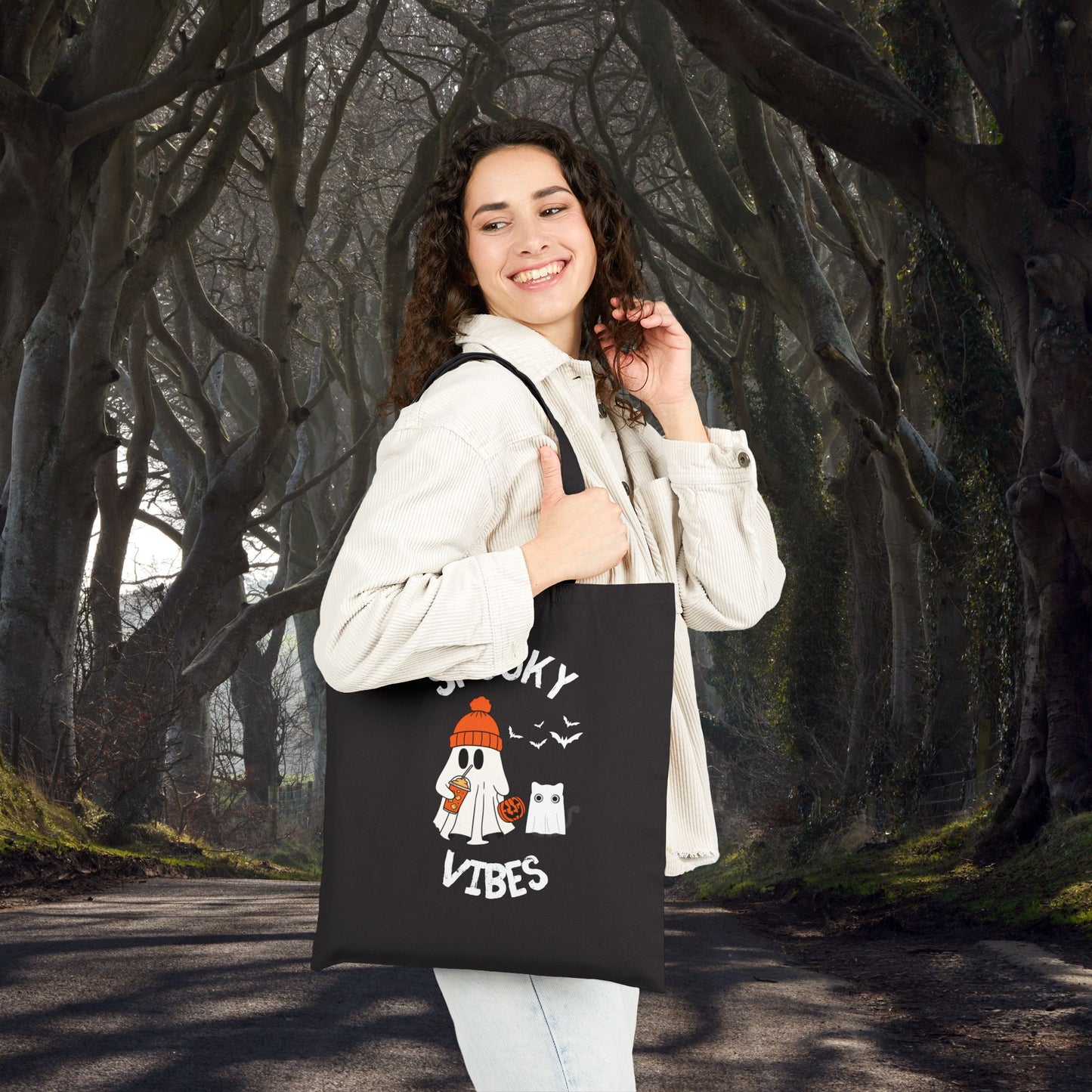 Spooky Vibes Only, Sweet Haunts and Silly Spirits Canvas Tote Bag, Halloween Tote, Trick or Treat Bag, Ghost Shopper, Cute Eco-Friendly Bag