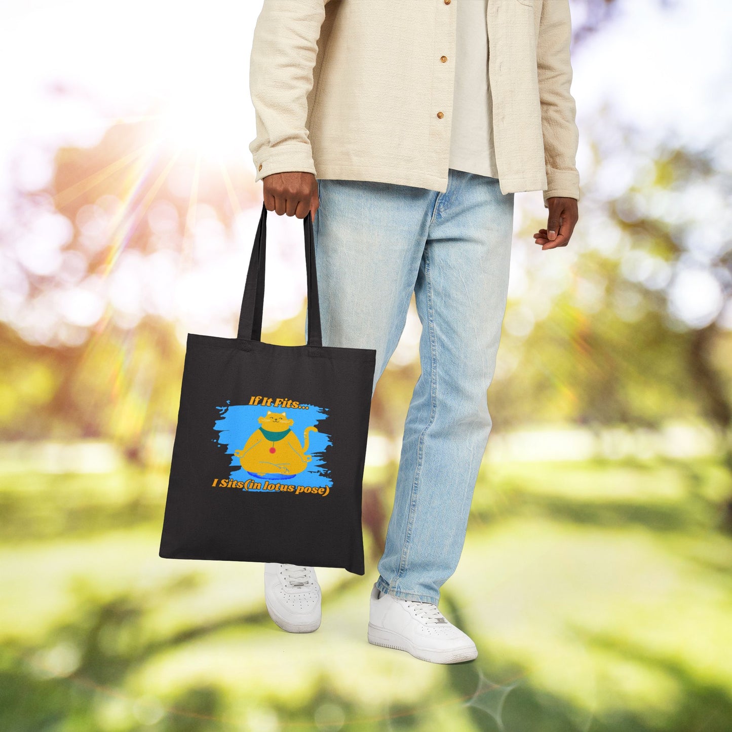 "If It Fits, I Sit" - Playful Yoga Cat Canvas Tote Bag - Eco-Friendly Shopping, Gift for Cat Lovers, Cats, Birthday, Everyday Use, Reusable Bag