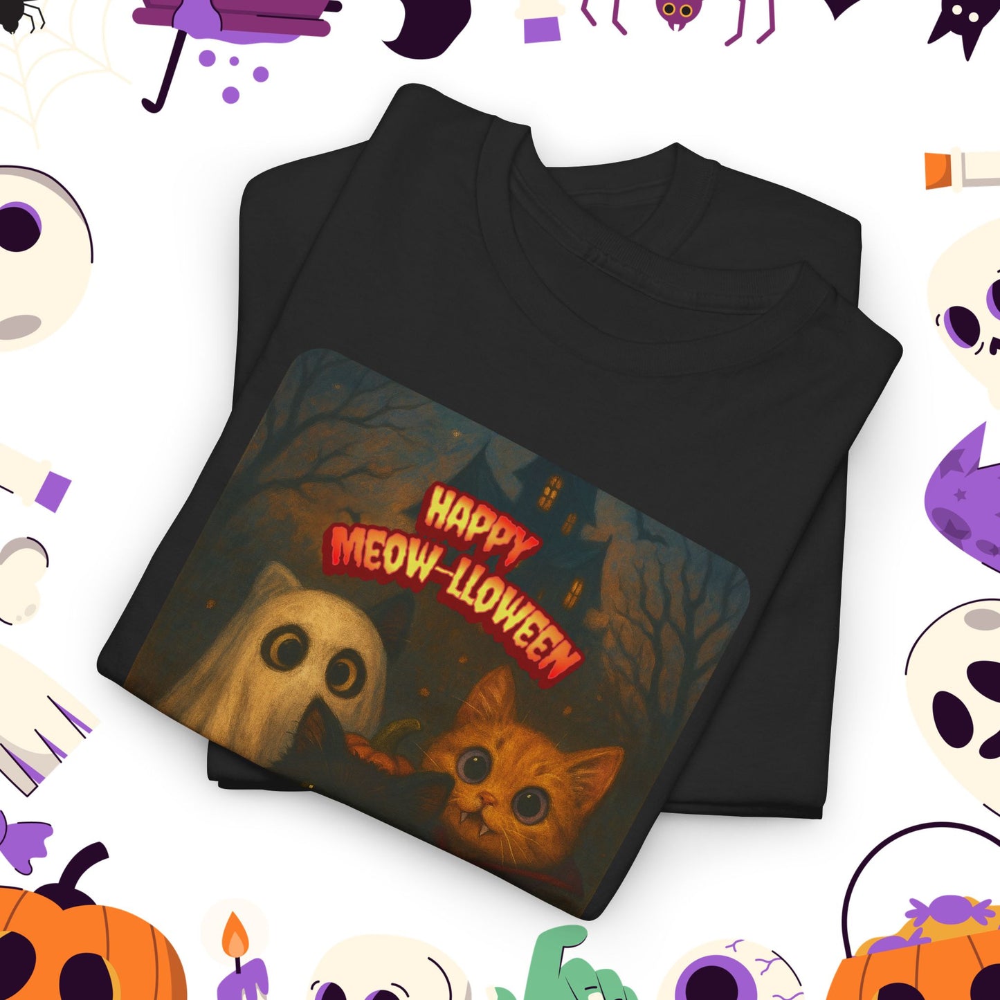 Happy Meow-lloween Unisex Tee, Halloween Cat T-Shirt, Cat Lover Shirt, Ghost and Cat Design, Cozy Fall Apparel, Spooky Season Clothing