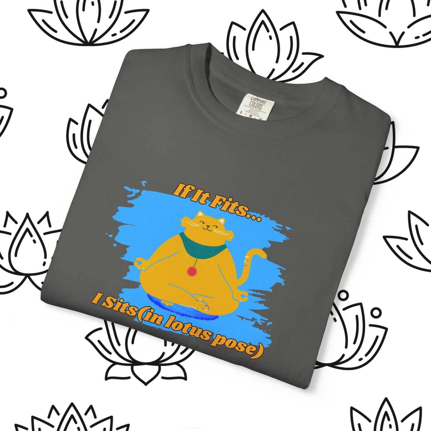 "If It Fits, I Sit" - Relaxed Yoga Cat T-shirt, Yoga Apparel, Animal Lover Gift, Meditation Top, Funny Cat Shirt