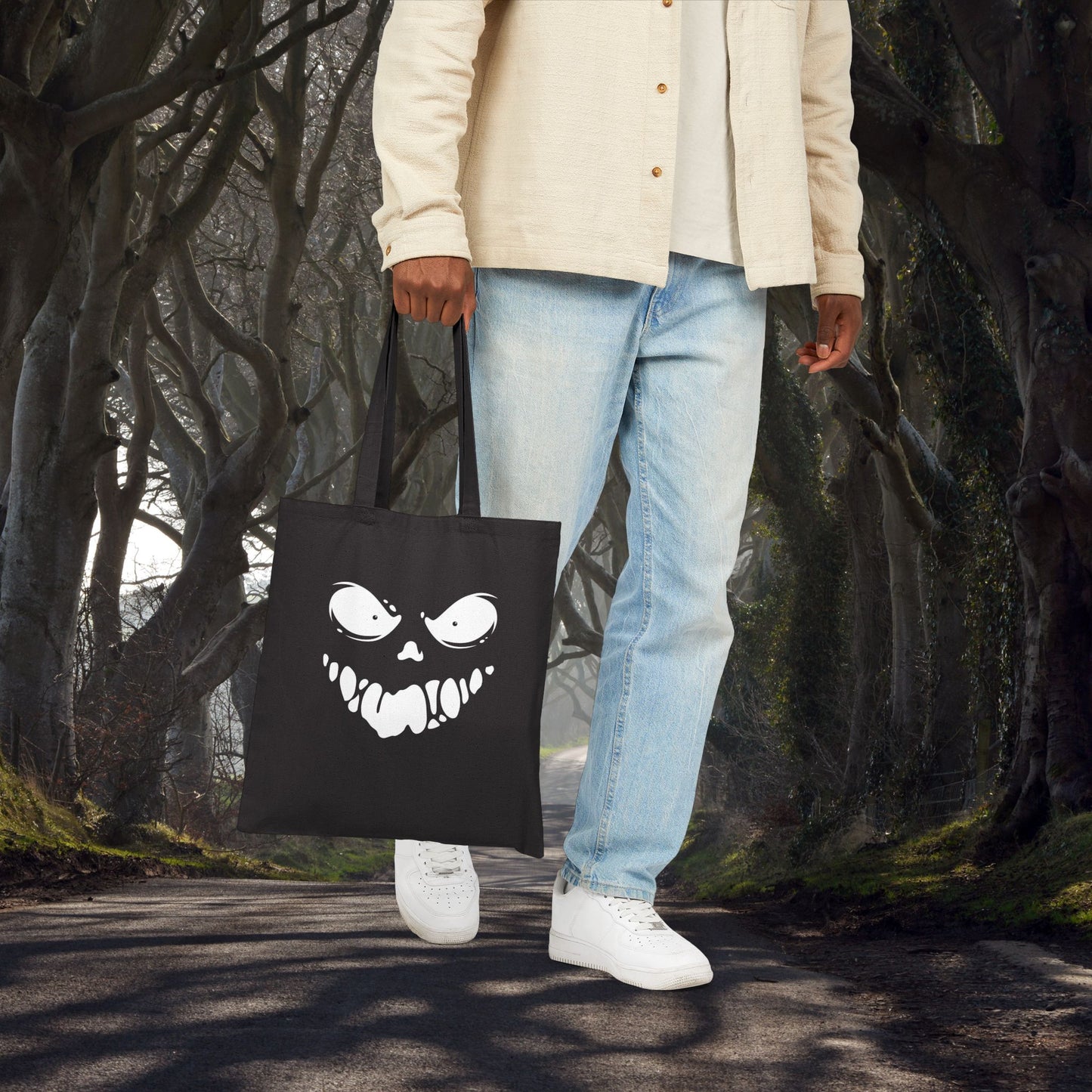 Sinister Grin at Midnight Canvas Tote Bag, Horror Tote, Trick or Treat Bag, Witchy Tote, Halloween Shopping Bag, Halloween Gift
